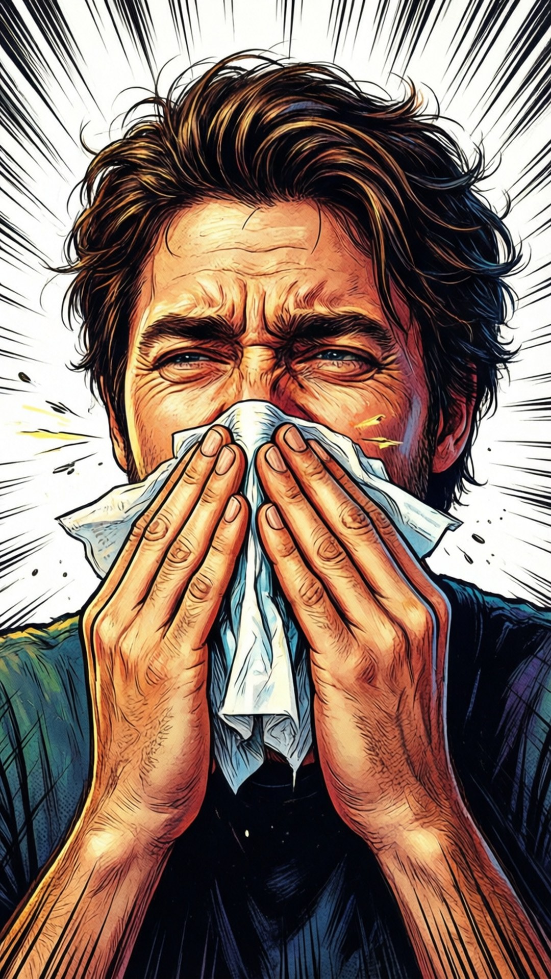 男人打噴嚏到紙巾上，伴有漫畫風格的放射線。