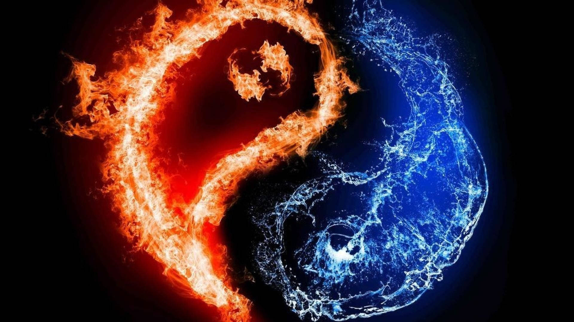 大地元素以陰陽圖形呈現 壁紙 — 一個火紅與冰藍的陰陽符號，在黑色虛空中與動態火焰和水流一同旋轉。