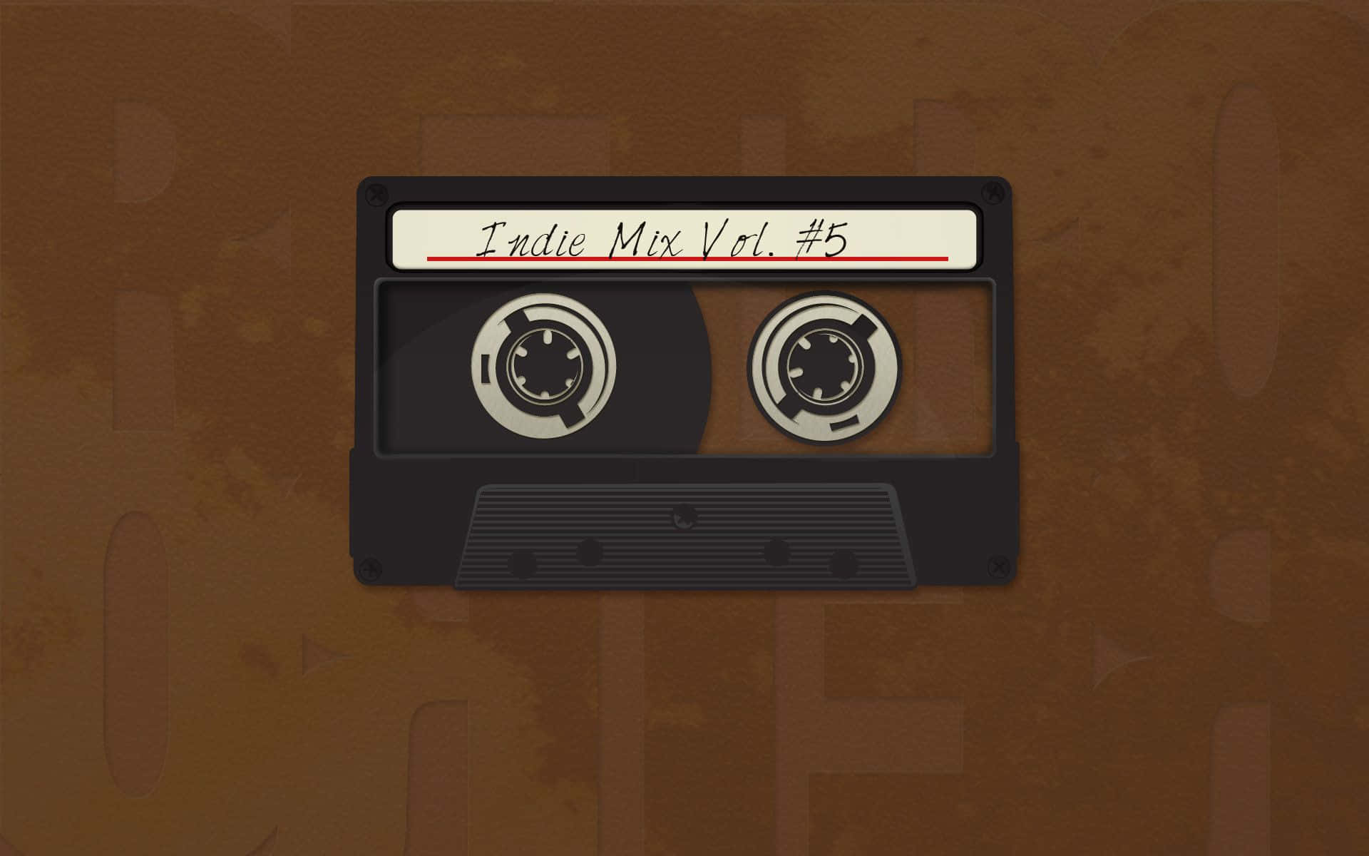 一盒標有Indie Mix Vol 5的黑色卡式錄音帶，置於棕色紋理背景上。