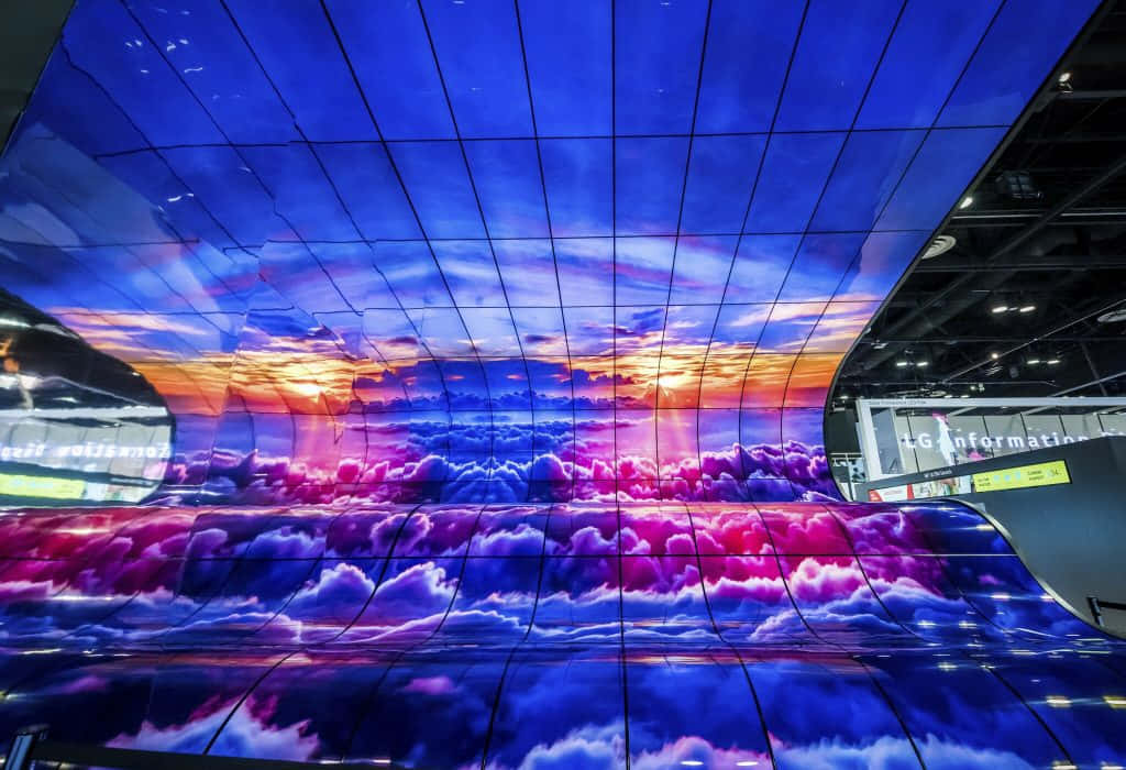大型 OLED 屏幕圖 壁紙 — 彎曲的數碼屏幕在現代室內空間的反射表面上顯示出充滿活力的日落，帶有紫色、粉紅色和橙色的雲彩。