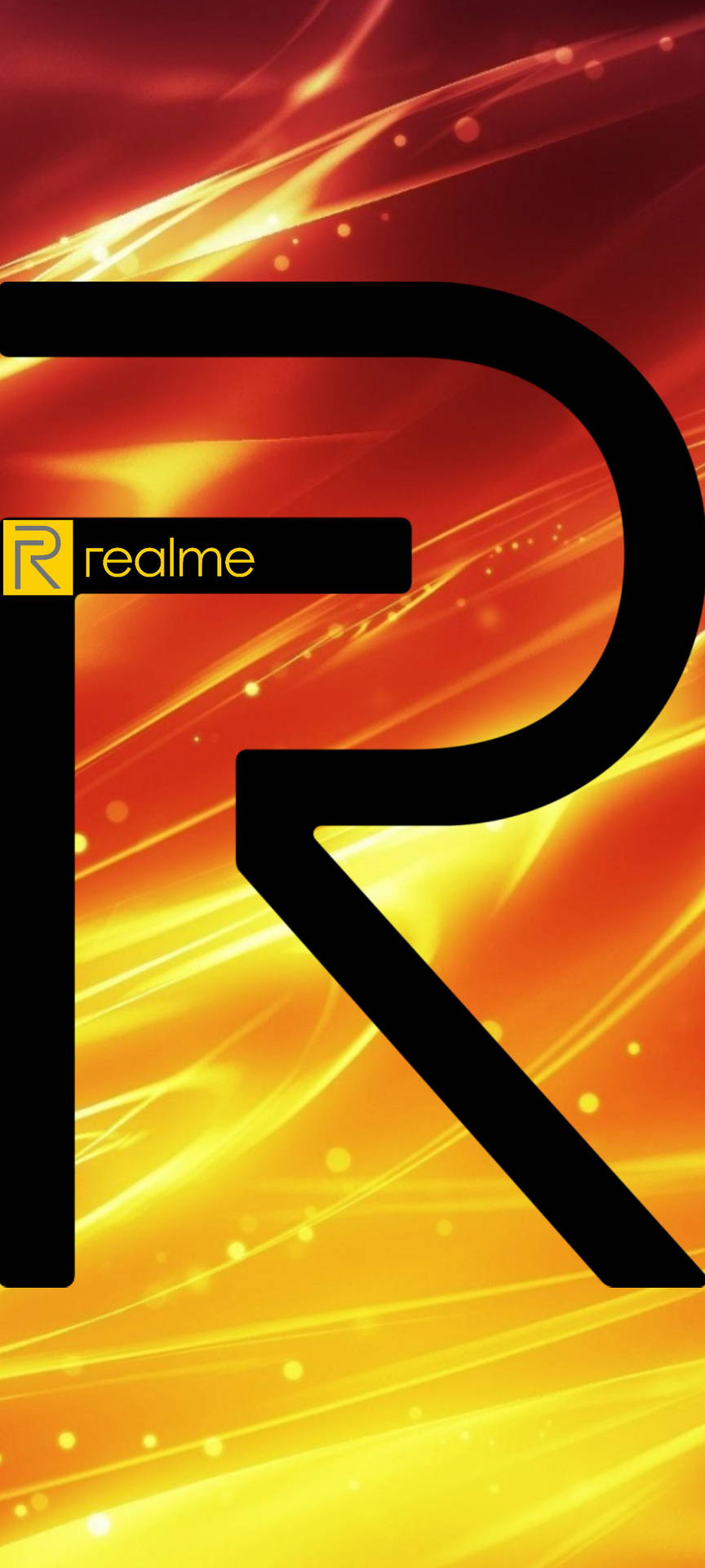 帶有發光橙色和黃色光線條紋背景的Realme標誌