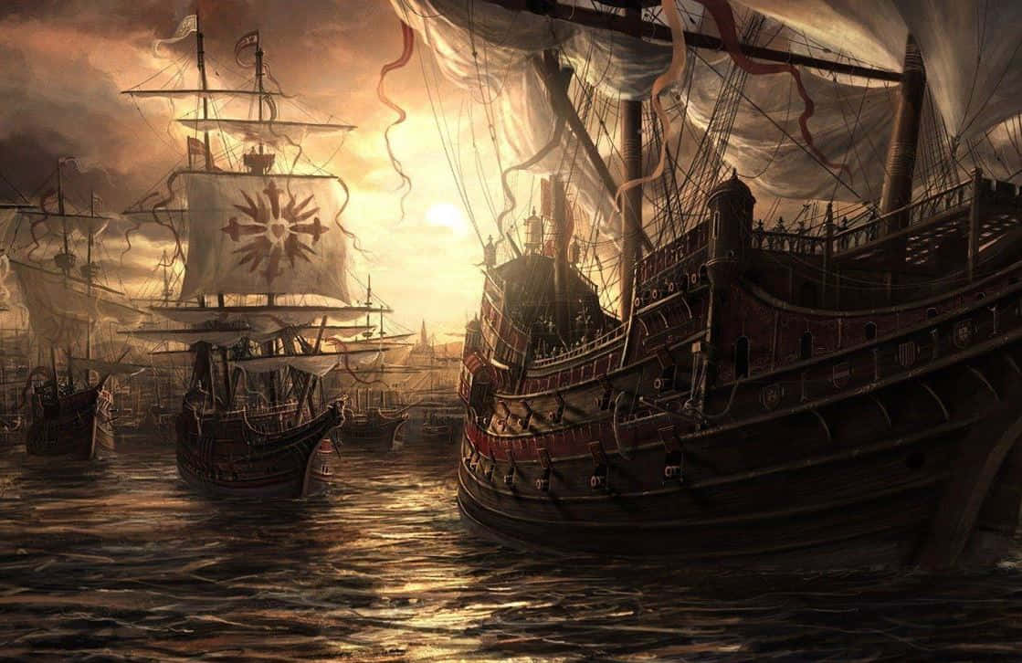 Pirate Ship 桌布 壁紙 — 大型帆船帶著破爛的帆，在金色夕陽下航行於波濤洶湧的海域，在波浪上投下戲劇性的陰影。