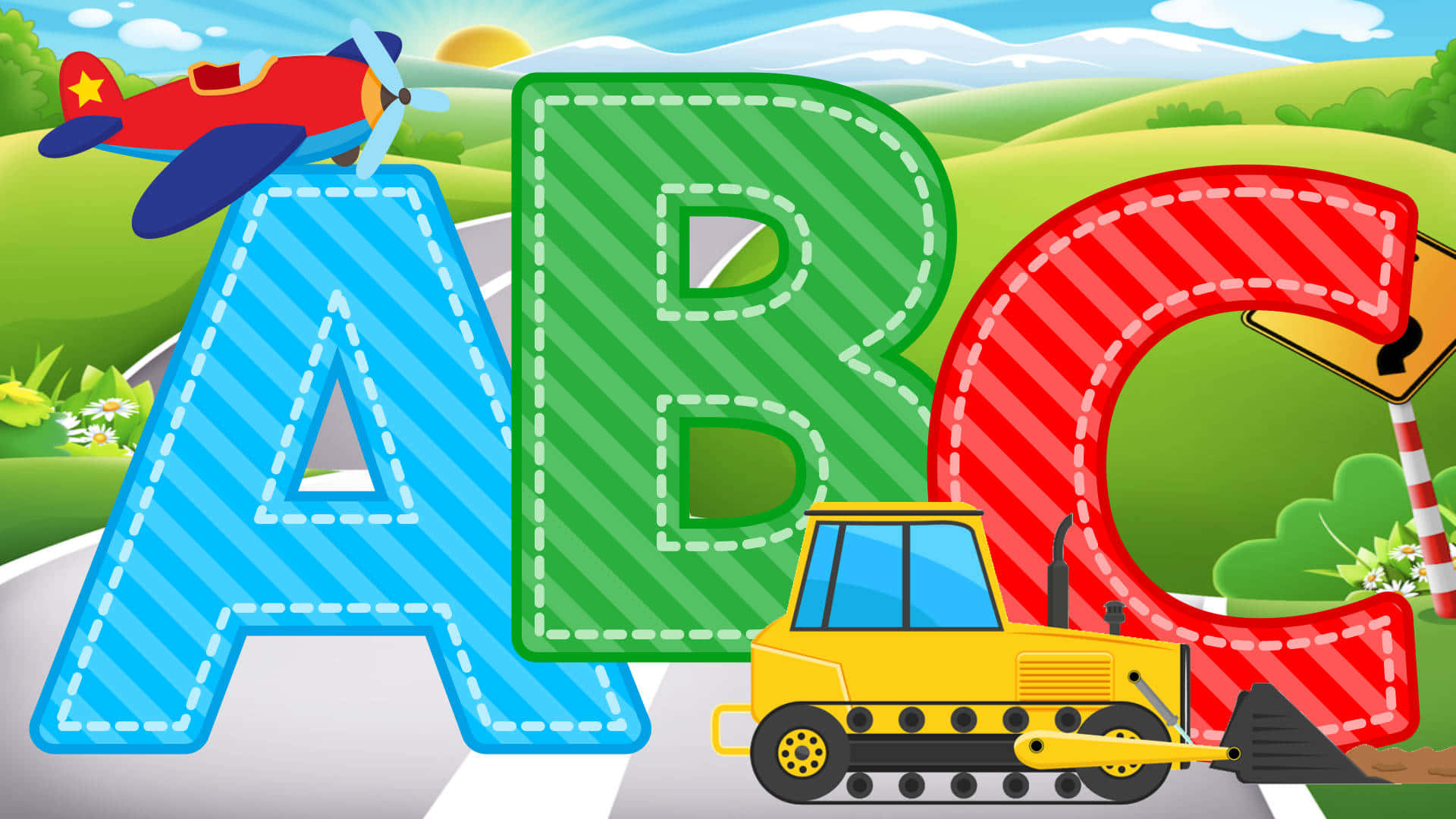 字母 桌布 壁紙 — 大型彩色縫合字母 A B C，帶有紅色飛機和黃色推土機，位於蜿蜒的道路上，穿過陽光明媚的綠色景觀。