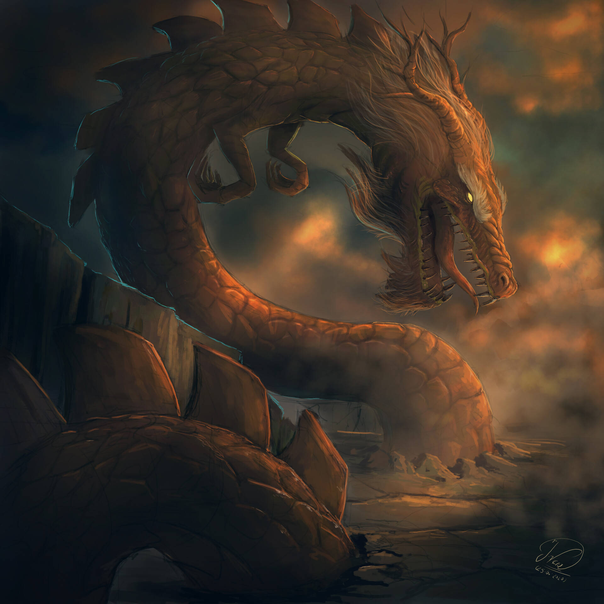 大型棕色地龍 壁紙 — 一條巨大的火龍盤踞在崎嶇的懸崖上，背景是暴風雨般的日落天空，眼睛閃閃發光。