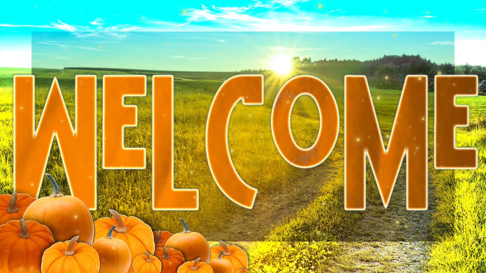 Autumn Bounty 桌布 壁紙 — 大型橙色歡迎字母在陽光明媚的秋日田野上閃耀，底部有南瓜。