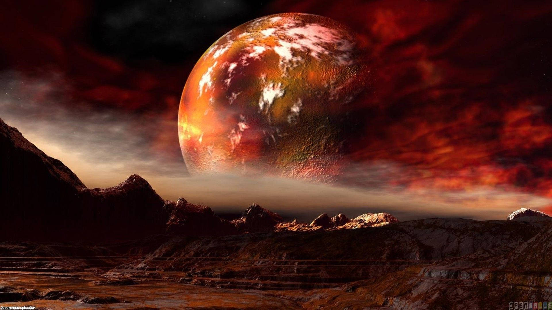 黃昏時分，巨大紅色行星下的外星山脈