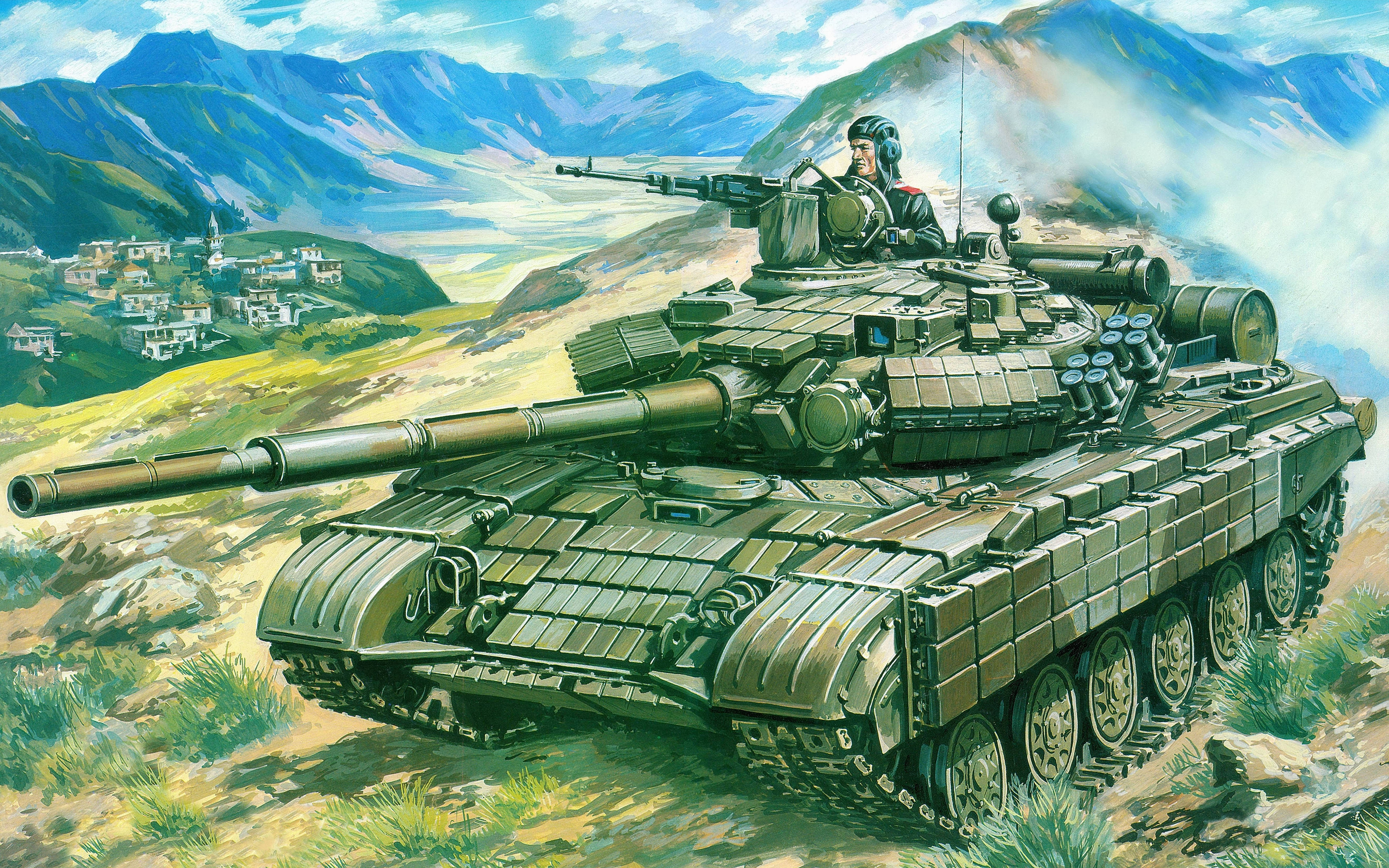 大型綠色軍用坦克 壁紙 — 詳細插圖，描繪一輛軍用坦克，砲塔內有一名士兵，位於草坡上，俯瞰山谷城鎮和遠山。