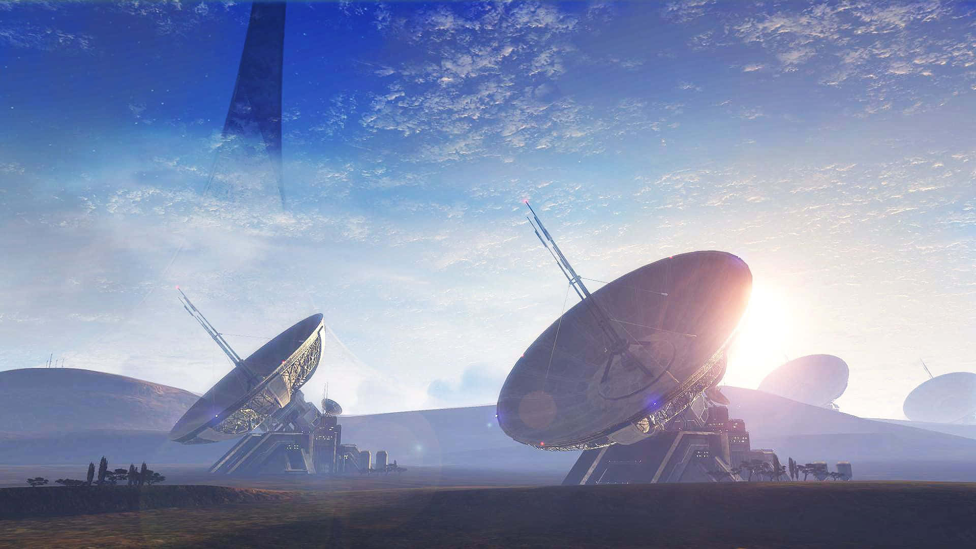Halo Ring 桌布 壁紙 — 大型衛星天線矗立在沙漠景觀中，天空湛藍，白雲點綴，陽光明媚。