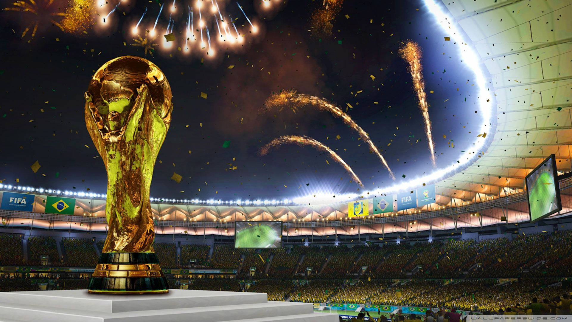 大型體育場慶祝世界盃 壁紙 — 金色FIFA世界盃獎盃在球場燈光下閃耀，煙火在歡呼的人群上空綻放。