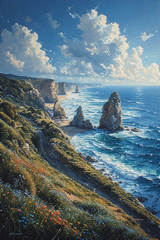 海岸懸崖上有野花和綠松石色的海浪，明亮的藍天上有白雲。