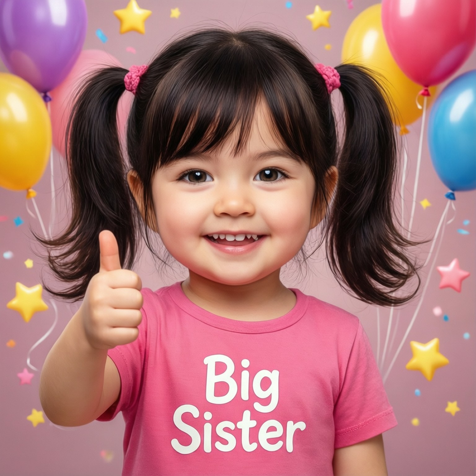 大姐姐比讚 壁紙 — 一個紮著馬尾辮、穿著粉紅色「Big Sister」T恤的開朗小女孩，在色彩繽紛的氣球和星星環繞下豎起大拇指。