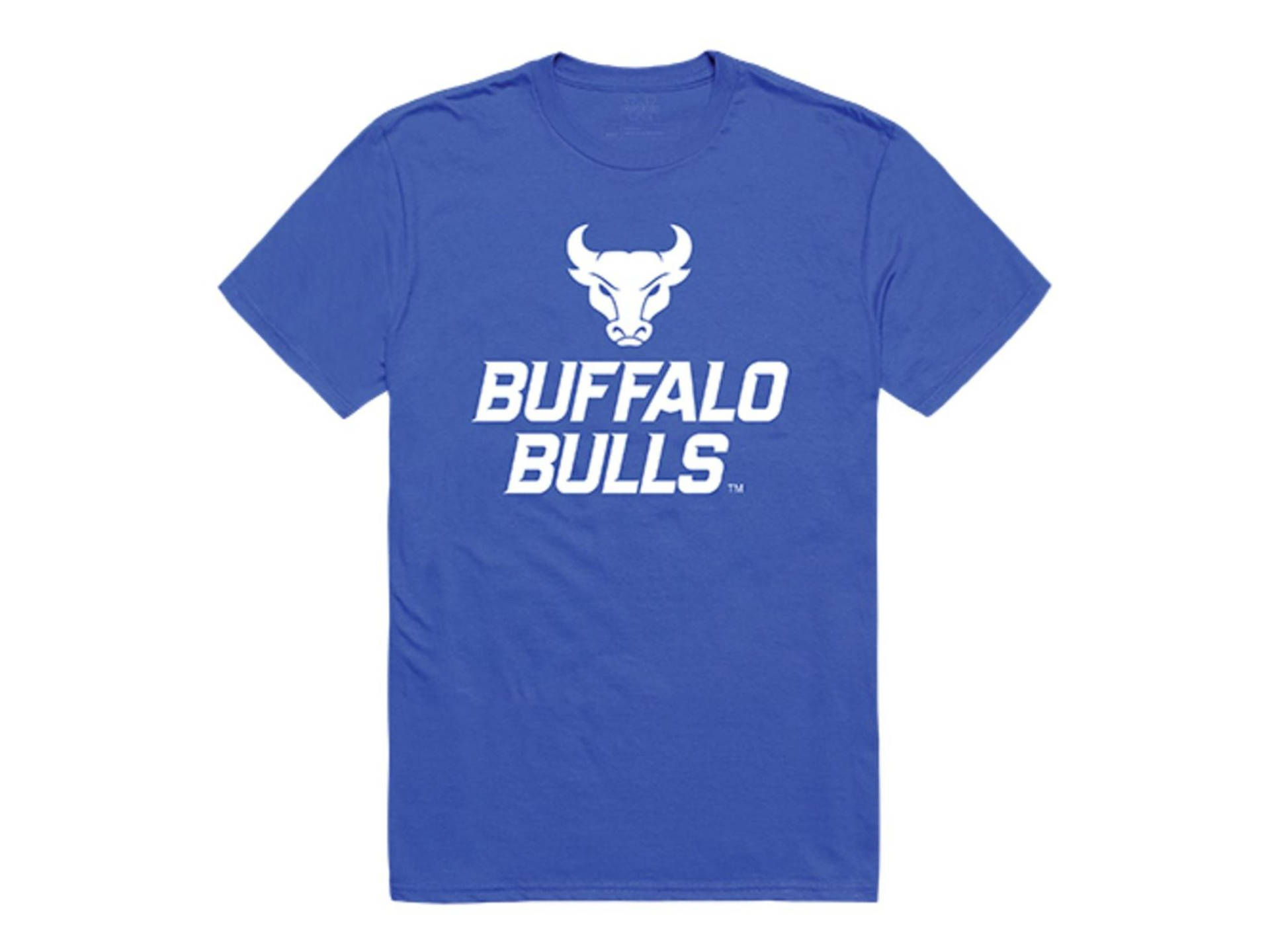 帶有白色Buffalo Bulls標誌和文字的藍色T恤。