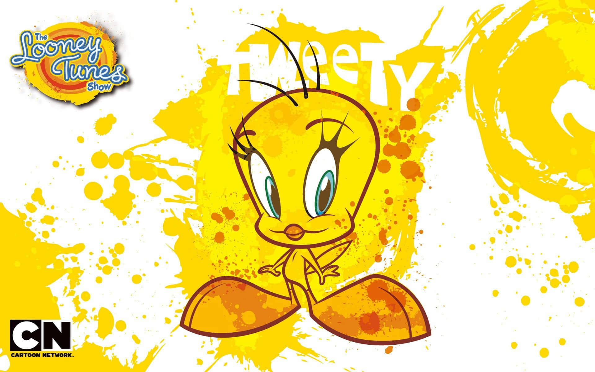 大家最愛的搞怪動畫角色群 壁紙 — Looney Tunes 嘅 Tweety Bird 企喺充滿活力嘅黃色油漆濺背景前，好開心。
