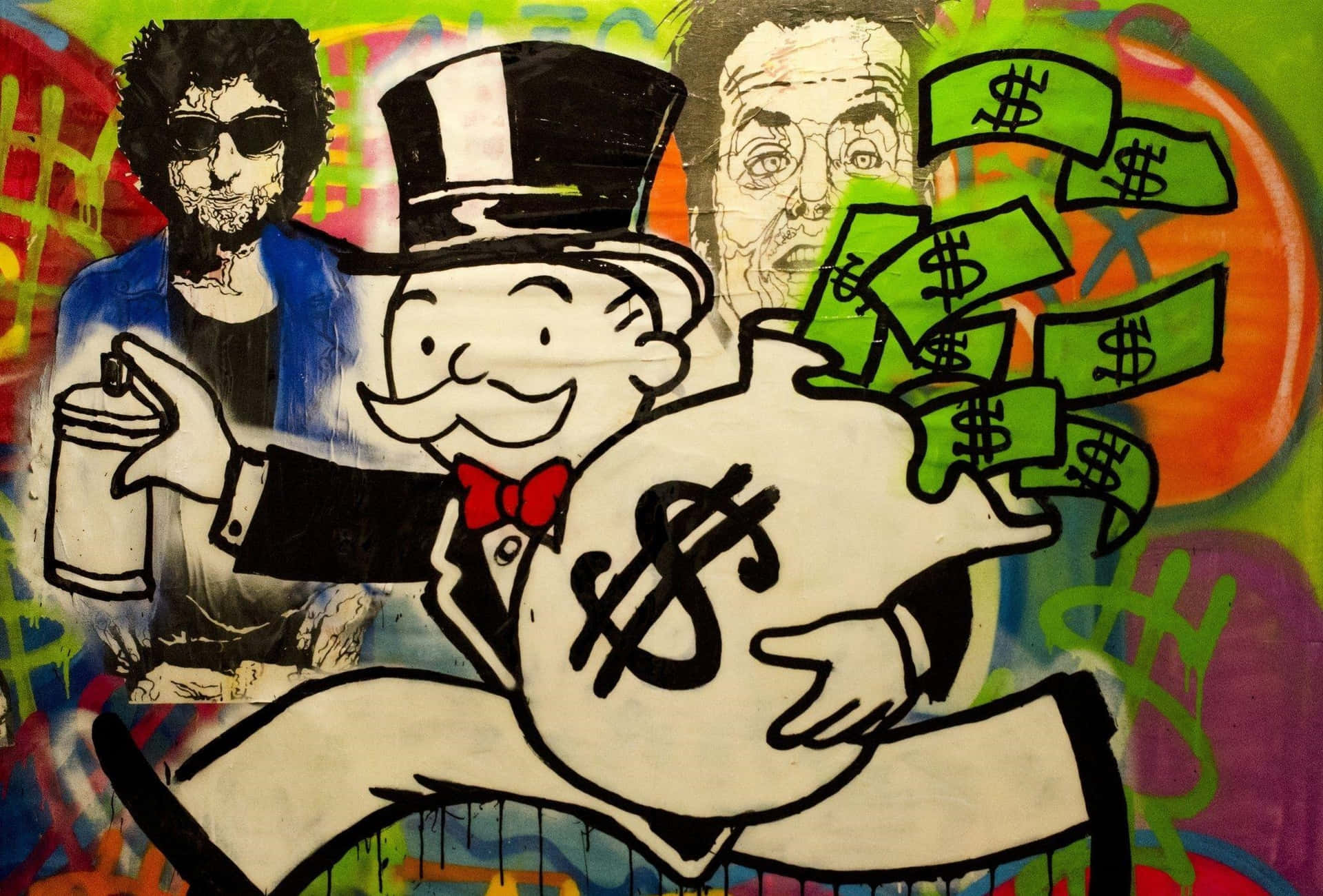 卡通人物拿著錢袋和噴漆人物的塗鴉壁畫。
