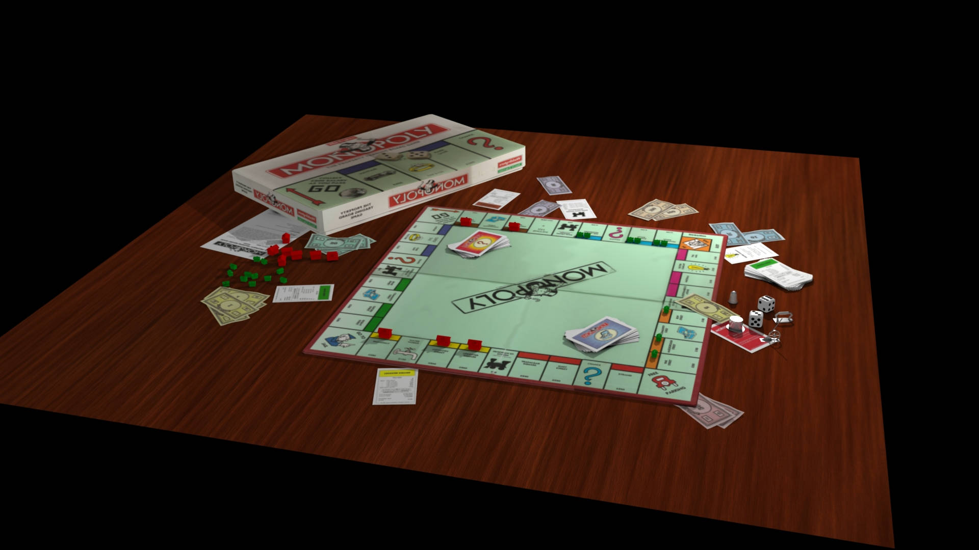 Monopoly桌上遊戲，木桌上有金錢卡和骰子。