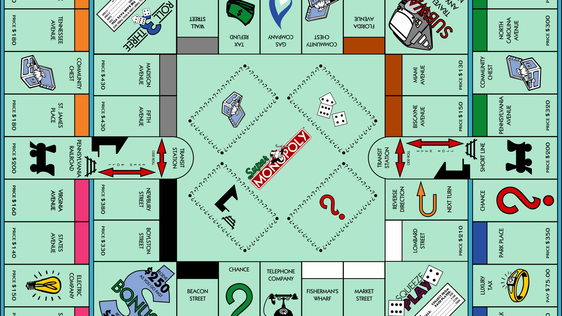 經典大富翁棋盤遊戲，帶有物業空間和遊戲棋子。