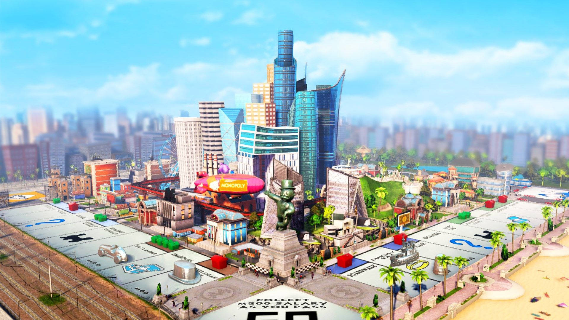 擁有大型吉祥物雕像和色彩繽紛建築的Monopoly棋盤遊戲城市。