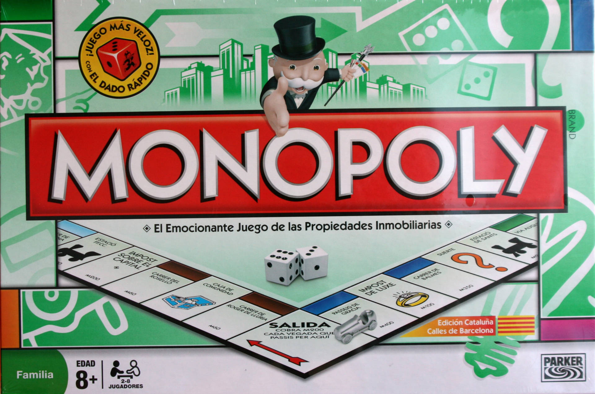 Monopoly棋盤遊戲盒，帶有戴高帽的吉祥物和西班牙文字。