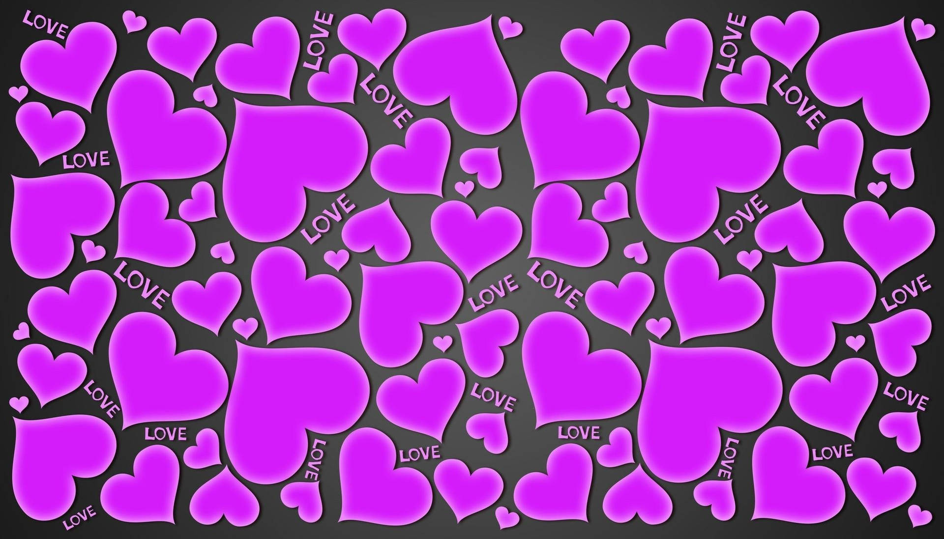 深灰色背景上散落著帶有love字樣的粉紅色心形。