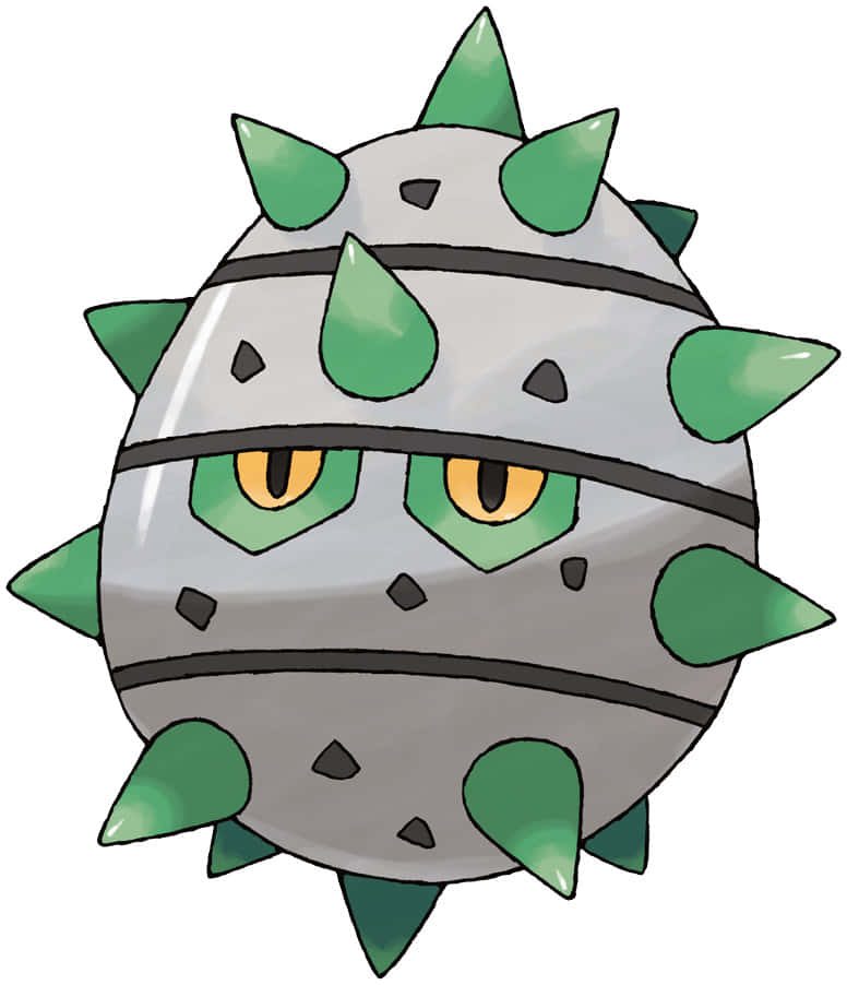 大尺寸鐵刃繪畫 壁紙 — 一隻圓形灰色嘅Pokémon，有綠色尖刺同黃色眼睛，喺白色背景前強烈凝視。