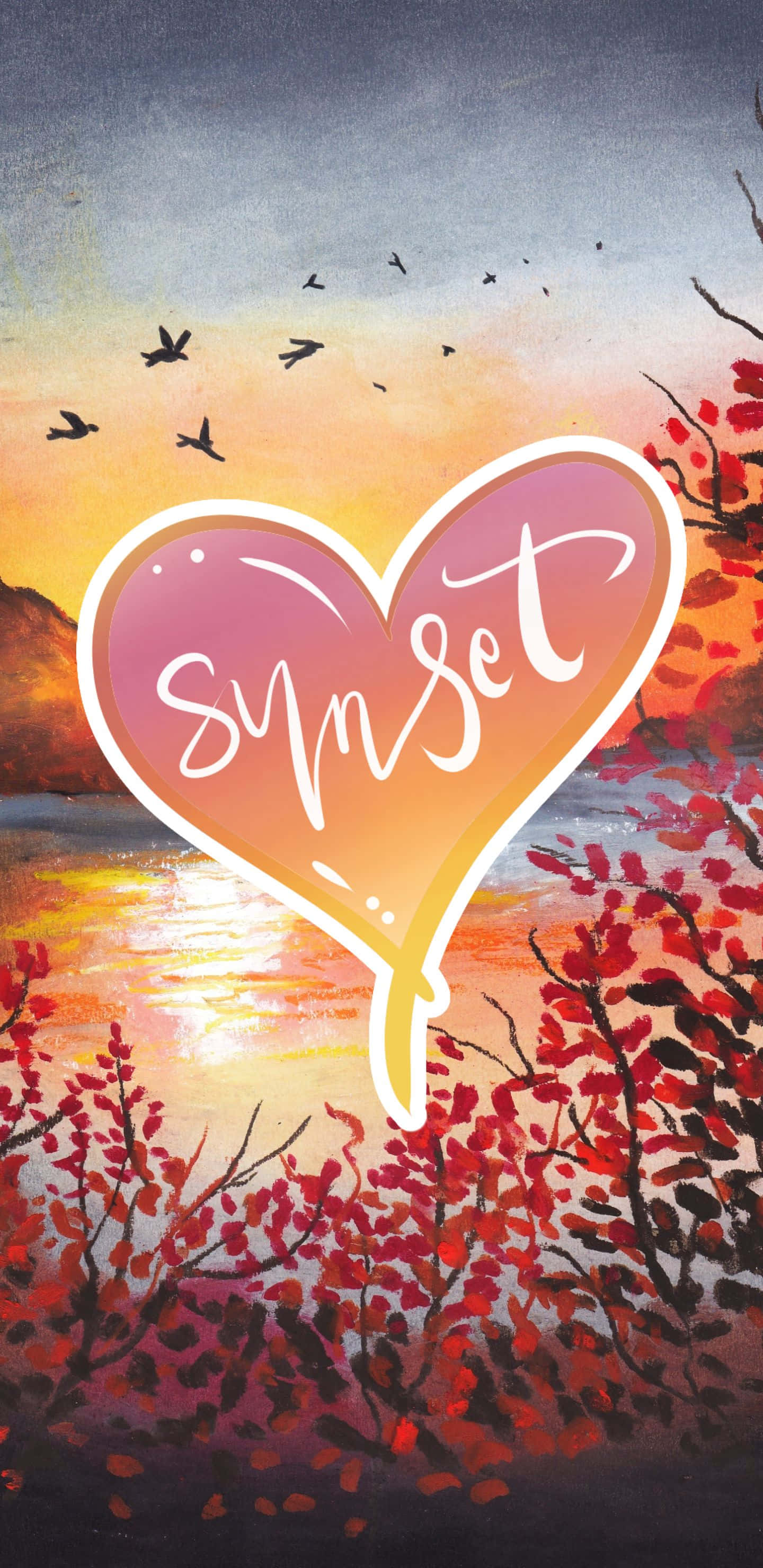 大峽谷壯麗景色 壁紙 — 一個心形圖案，上面有「sunset」字樣，疊加在黃昏時分鳥兒飛翔的 vibrant 秋日景觀上。