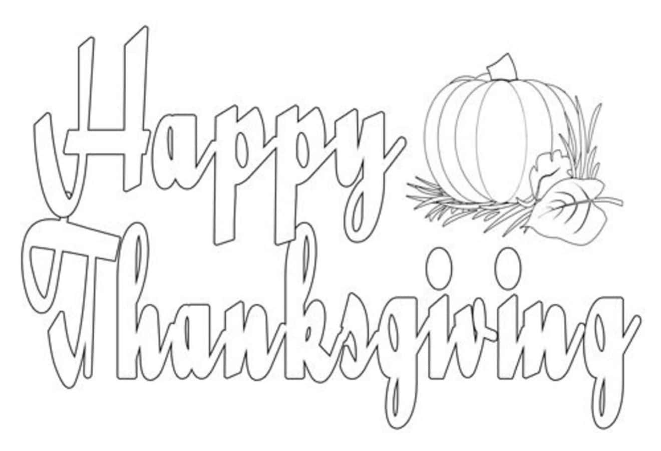 Happy Thanksgiving 填色頁，包含南瓜和樹葉。
