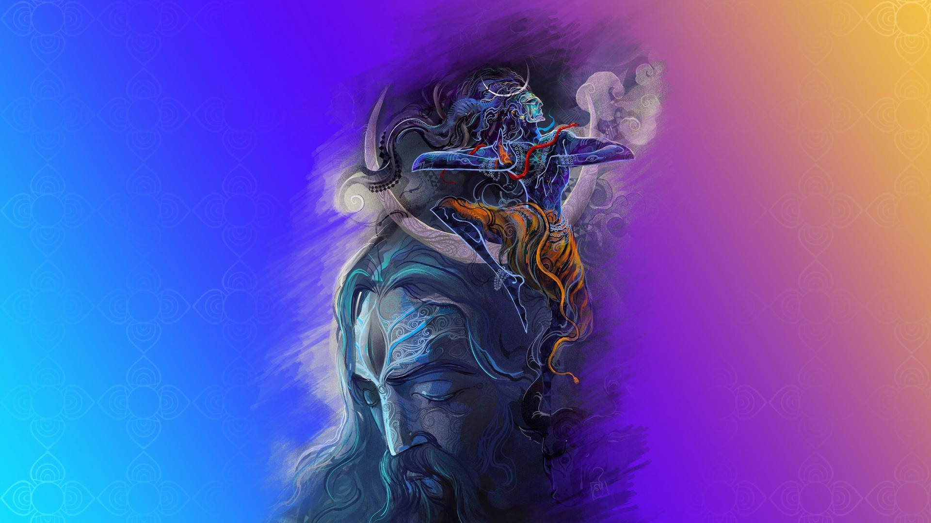 一個平靜的鬍鬚人物，頭頂上騎著一個有角的神祇，色彩鮮豔。
