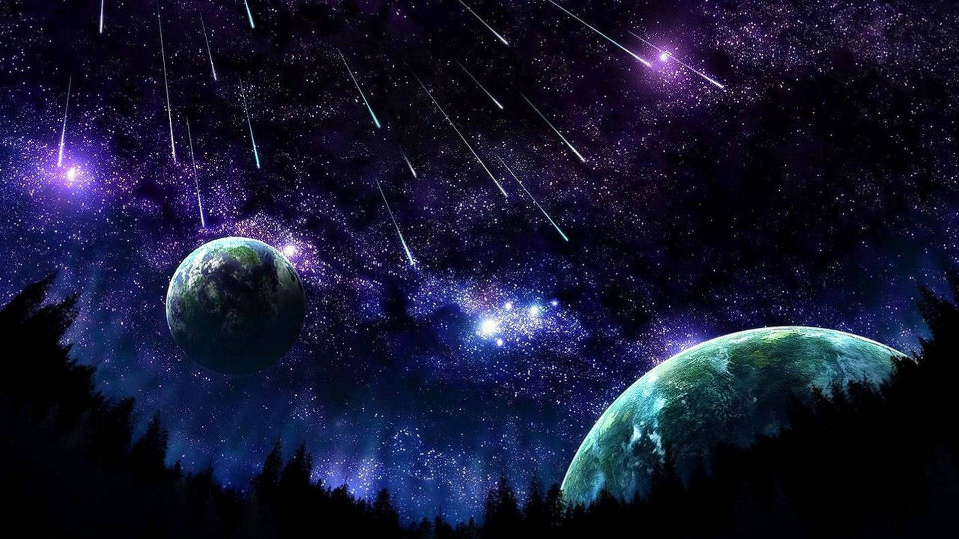 黑暗森林上方兩顆發光行星和流星。