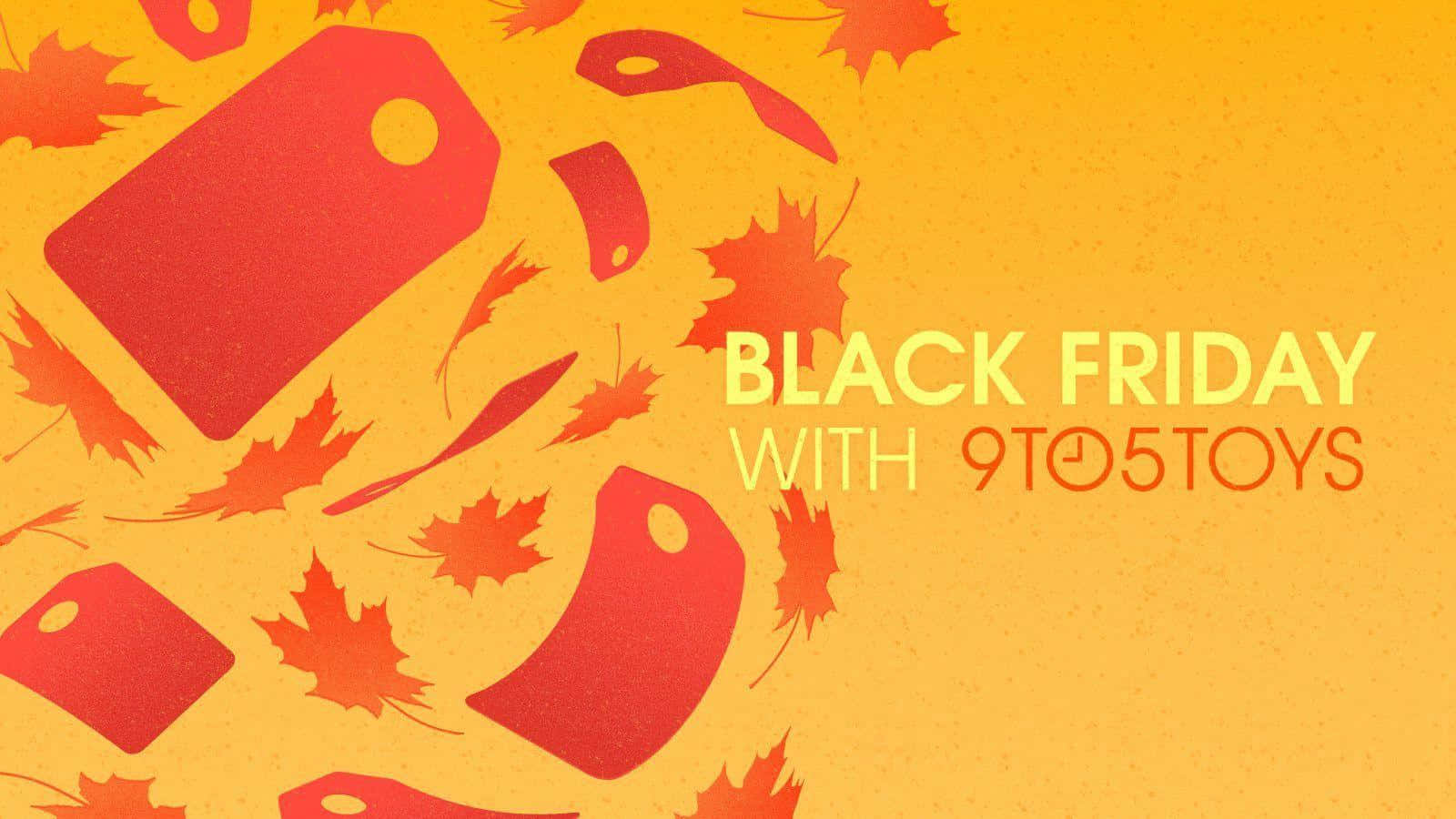 Black Friday促銷圖形，帶有價格標籤和楓葉，背景為橙色。