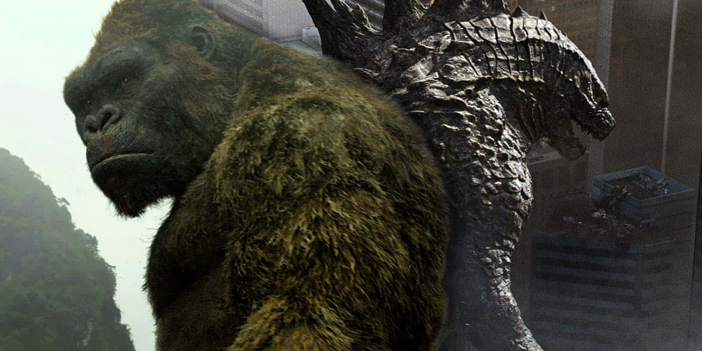 Godzilla Vs Kong 桌布 壁紙 — 大猩猩和哥斯拉並肩站在廢墟城市景觀中，背景是霧氣繚繞的山脈。
