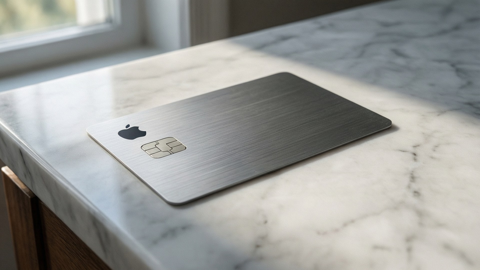 大理石上的蘋果卡 壁紙 — 一張時尚的拉絲金屬 Apple Card 放在白色大理石檯面上，沐浴在附近窗戶透進的柔和自然光中。