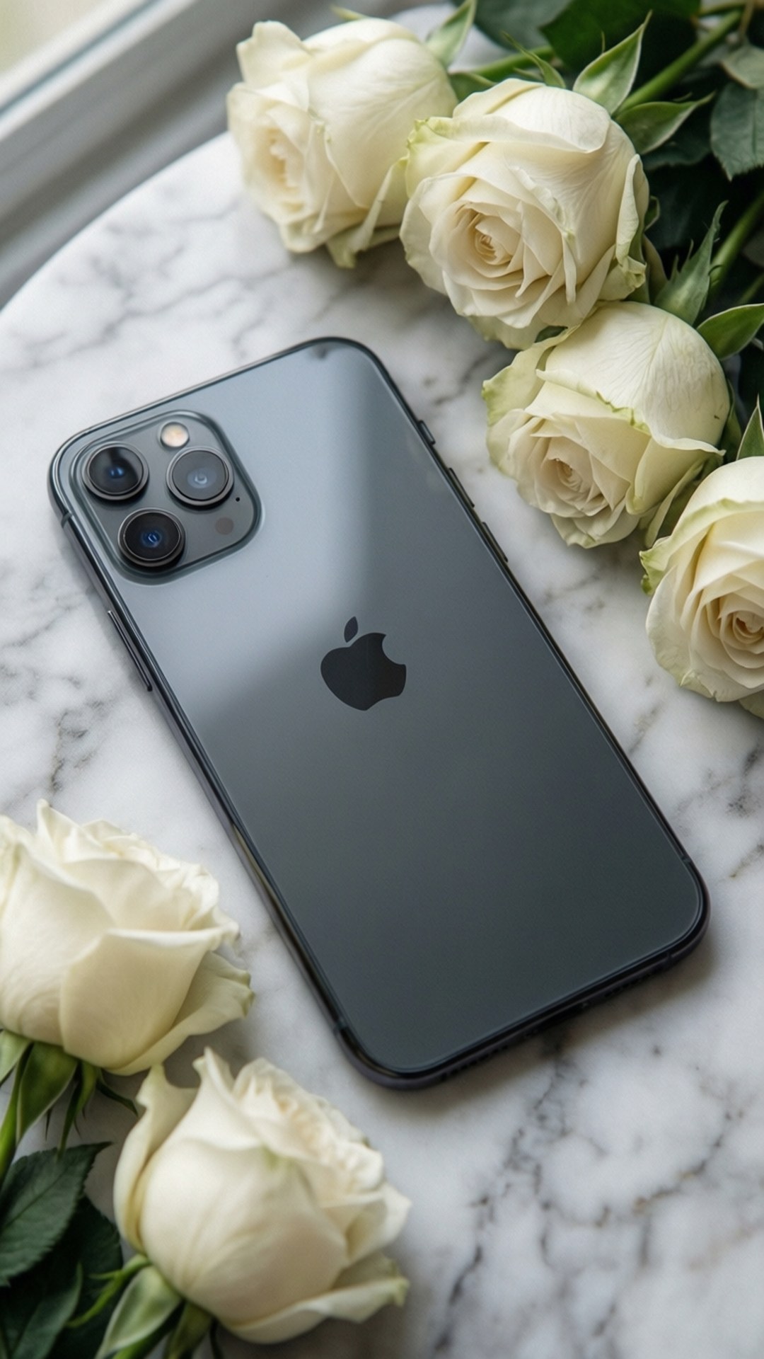 黑色iPhone被白玫瑰環繞，置於大理石上