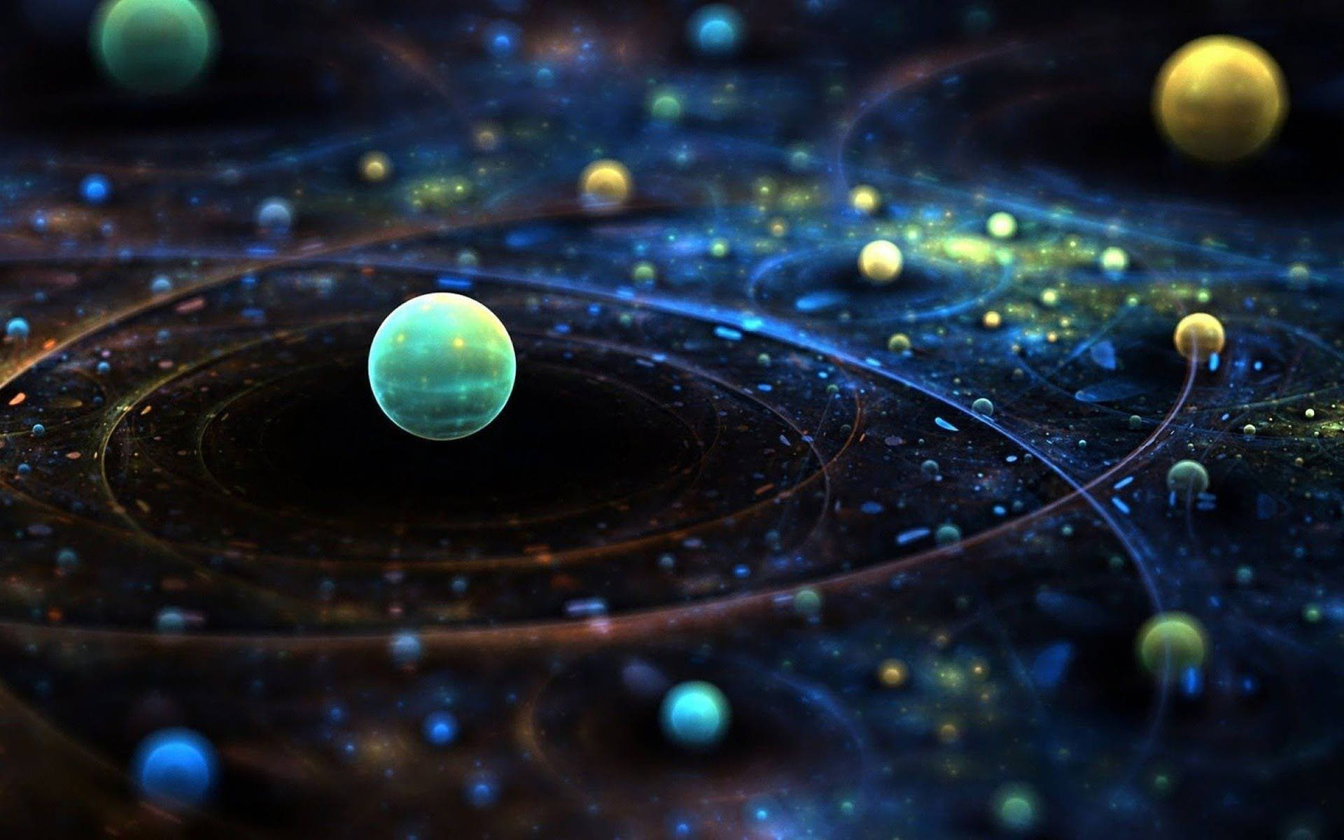 一顆青綠色行星在充滿活力的宇宙星雲中運行，帶有發光的球體和旋轉的能量軌跡。
