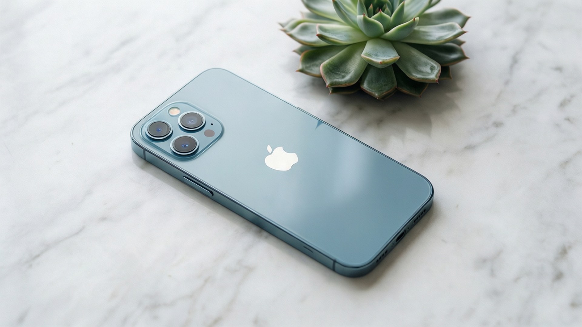 白色大理石上的藍色iPhone及旁邊的多肉植物