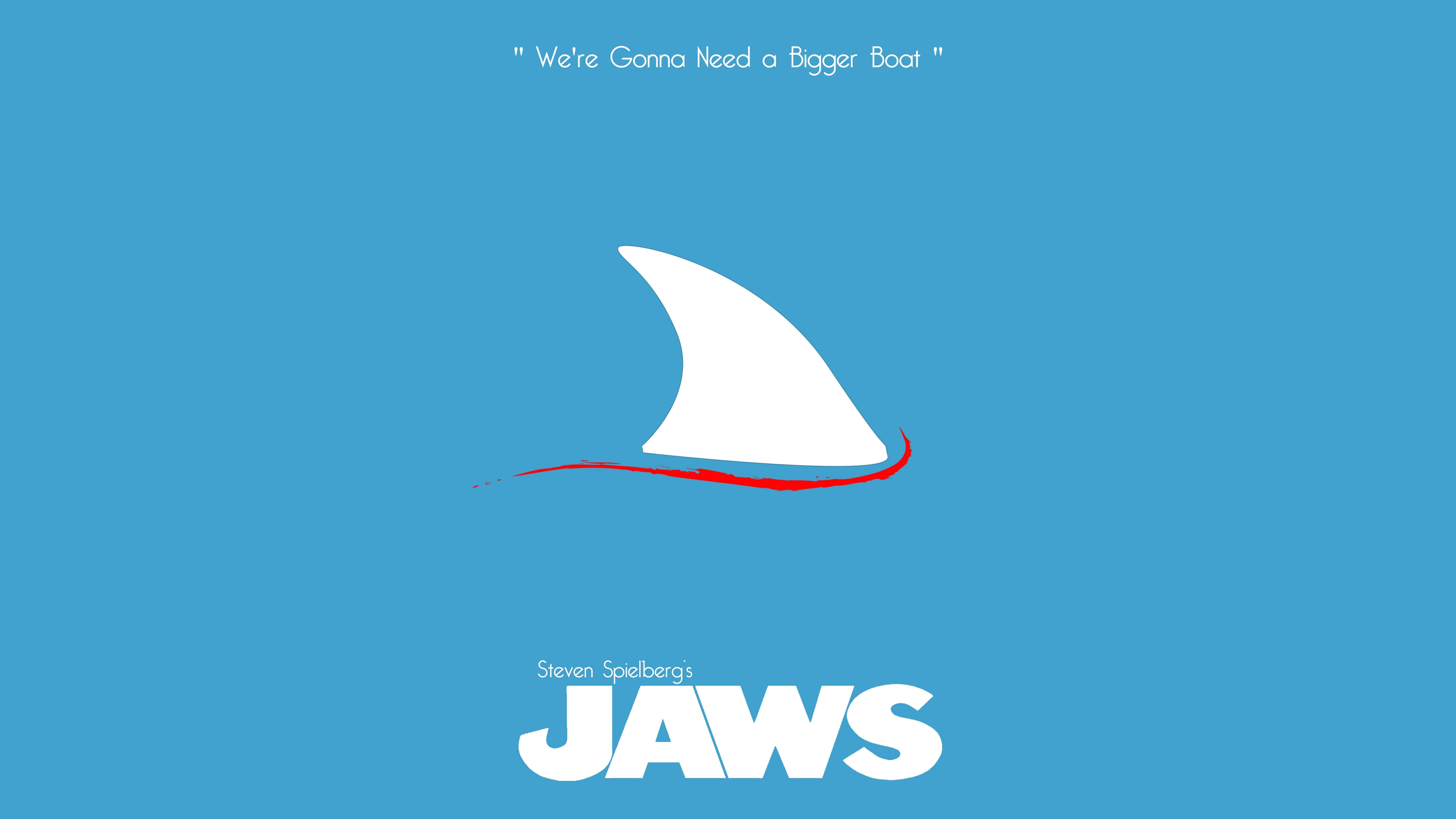 Minimalist Quote 桌布 壁紙 — 《大白鯊》極簡電影海報，白色鯊魚鰭劃過藍色水面，帶有紅色痕跡和引文。