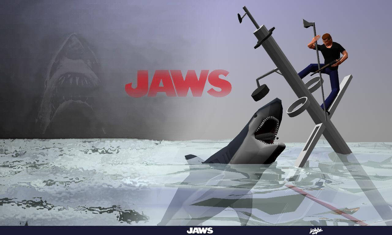 破船上的男人躲避鯊魚，背景有JAWS標誌