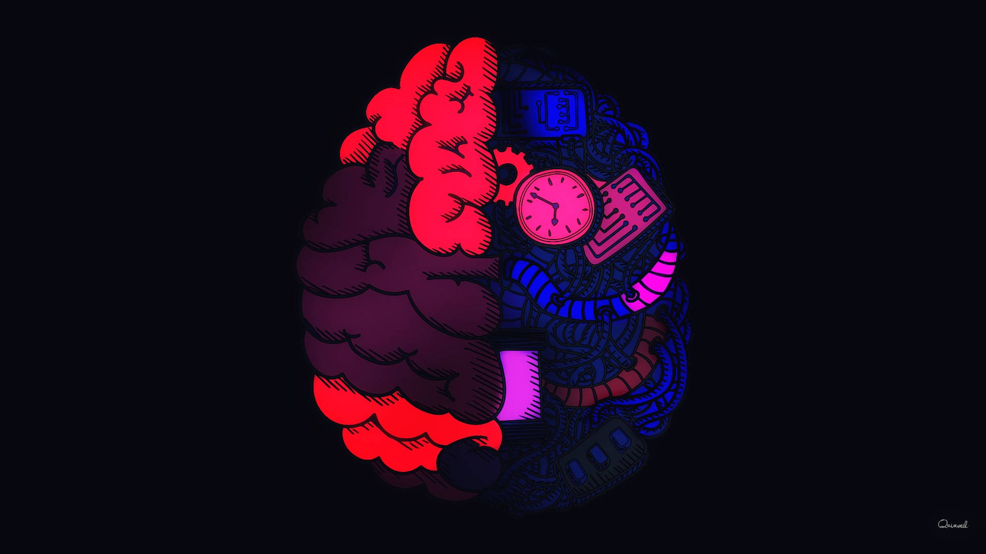 大腦皮質2D頂視圖 壁紙 — 一個風格化的大腦，分成紅色有機半邊和藍色機械半邊，在黑色背景上發光。