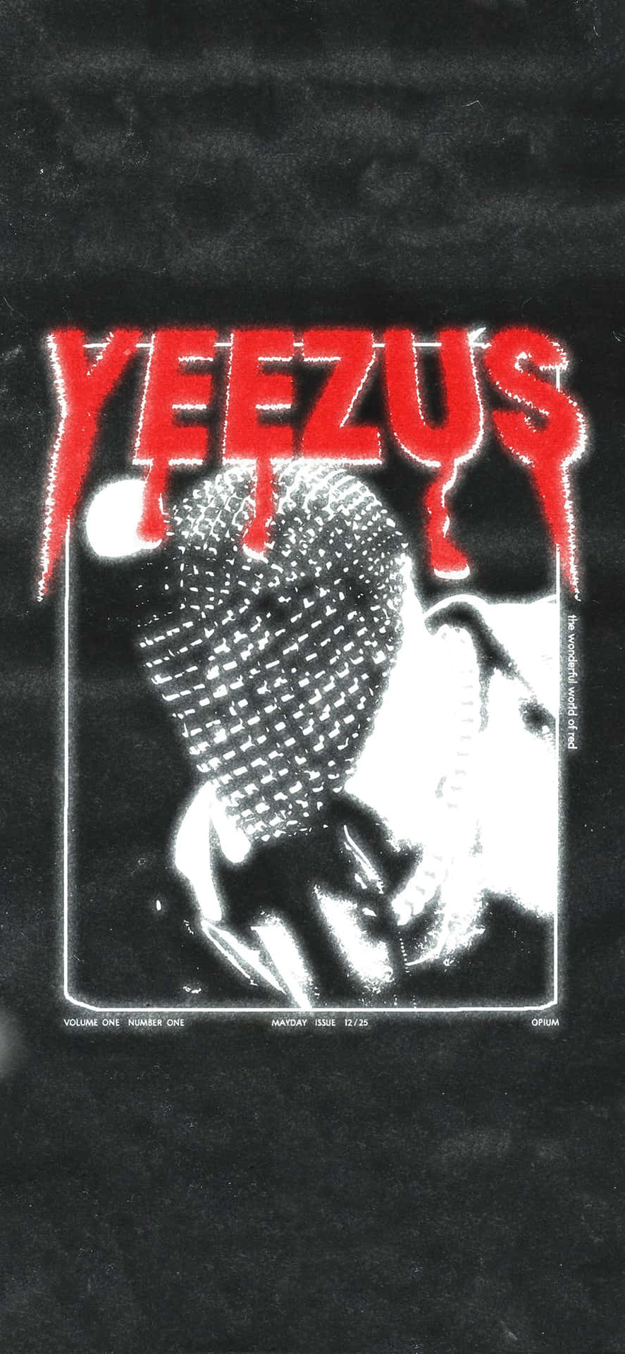 黑色T恤，帶有紅色滴落的「YEEZUS」文字和戴著網狀面具的扭曲面孔圖案。