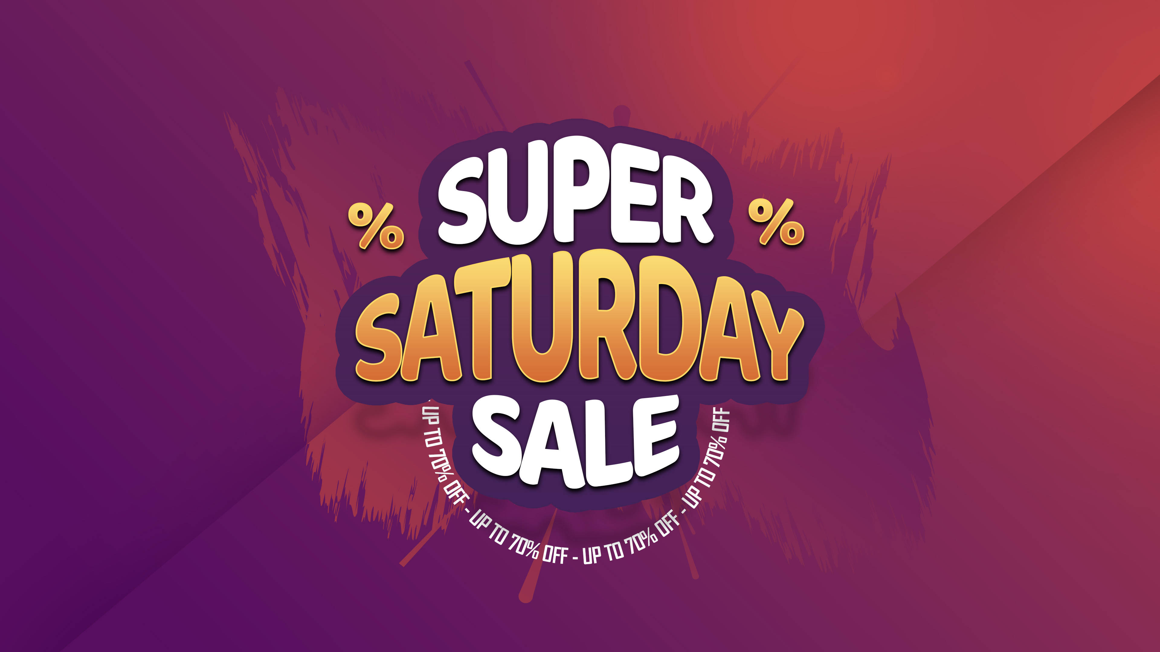 saturday 桌布 壁紙 — 大膽嘅 'Super Saturday Sale' 文字，白色同金色，帶有百分比符號，襯托住充滿活力嘅紫色同紅色漸變背景。