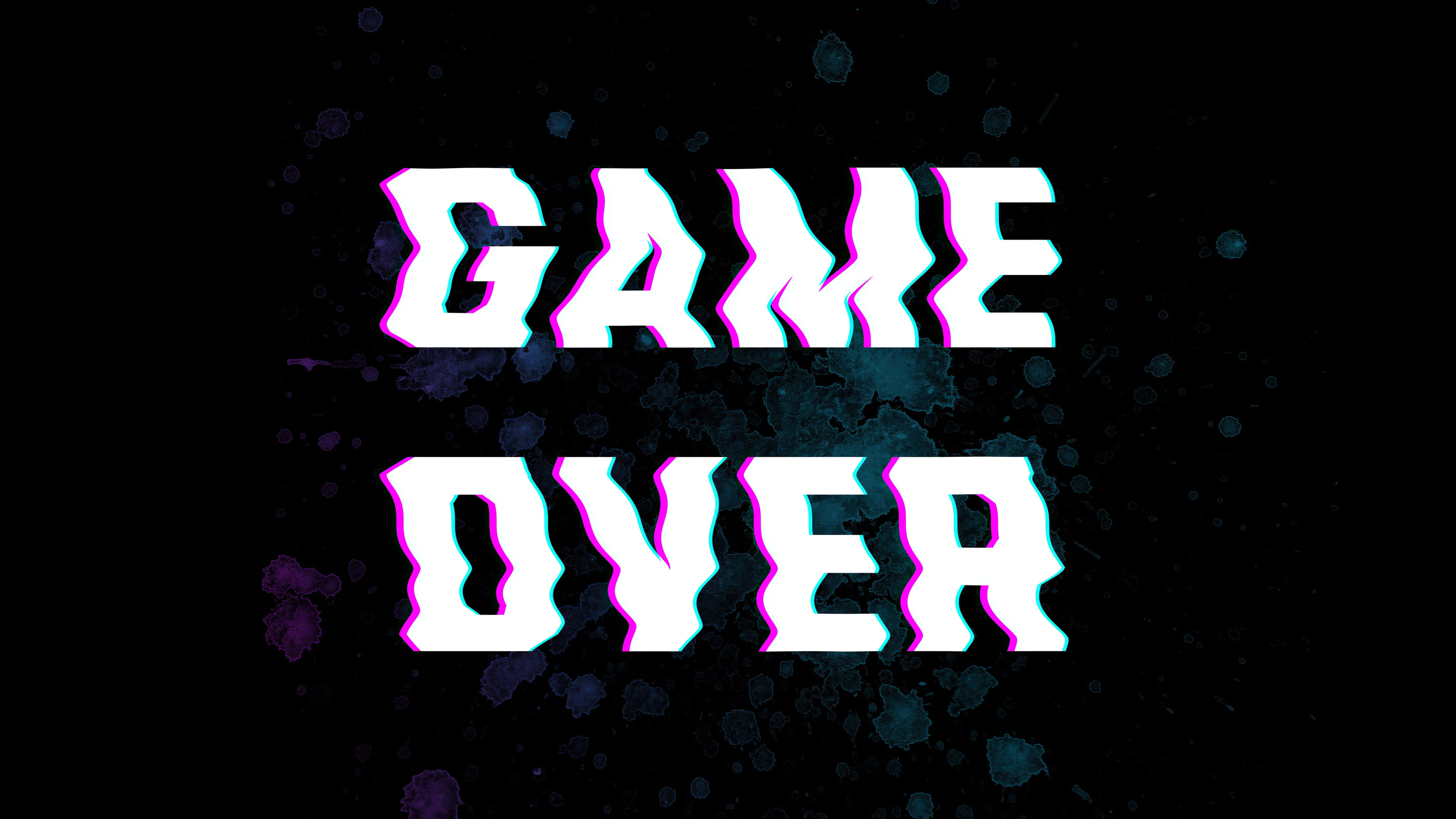 Dark Game Over 桌布 壁紙 — 大膽嘅故障效果白色文字喺帶有紫色同藍色數碼雜訊嘅深色背景上顯示 game over。