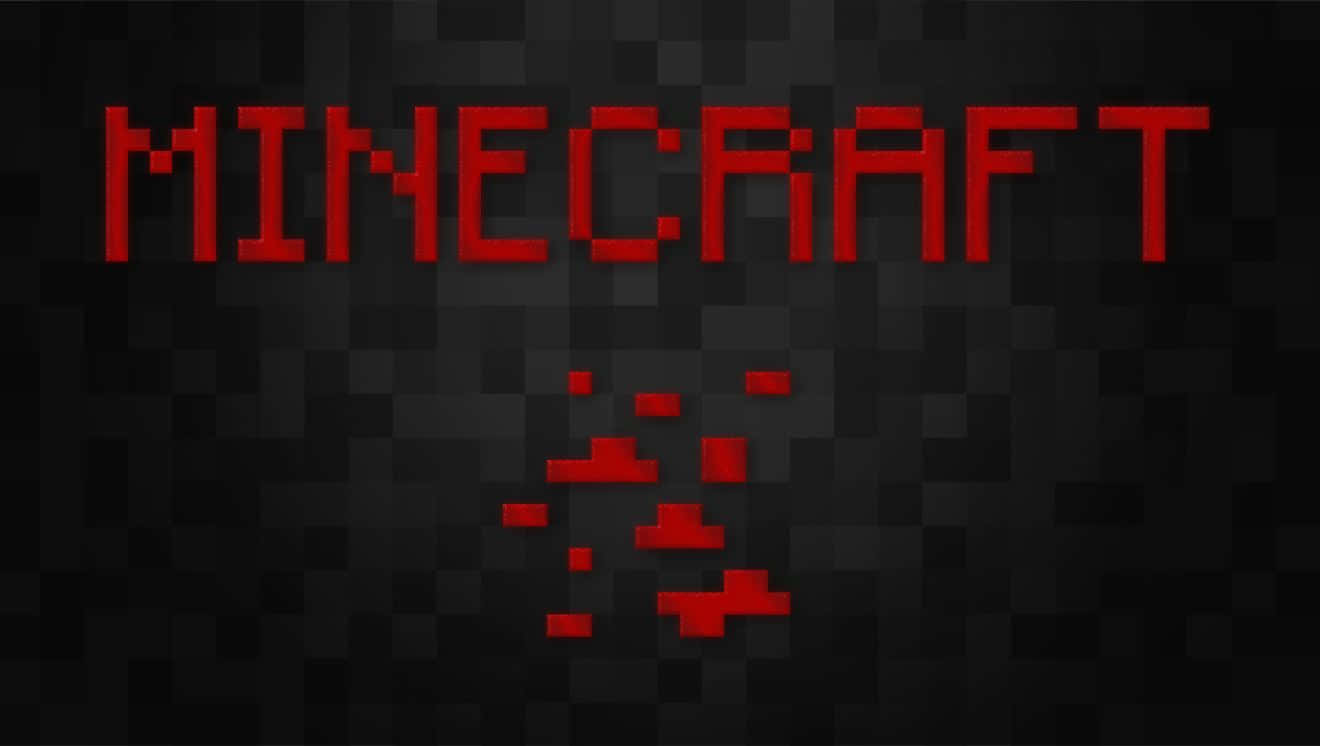 Minecraft Redstone 桌布 壁紙 — 大膽嘅紅色像素化Minecraft標誌喺黑暗紋理方塊背景上發光。