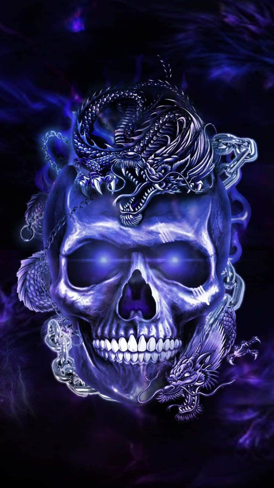 大膽時尚的骷髏插畫 壁紙 — 一個發光的藍色頭骨，上面纏繞著複雜的龍，背景是深紫色的煙霧。