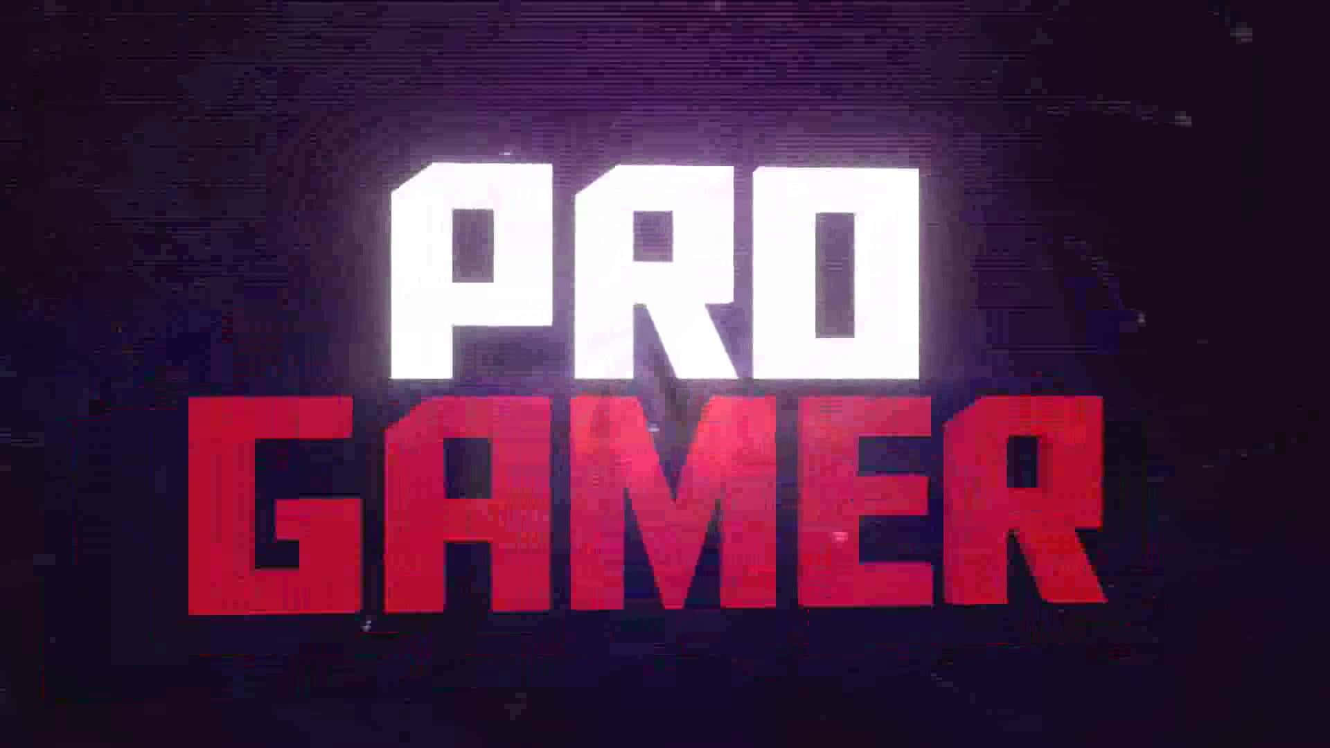 Pro Gamer 桌布 壁紙 — 大膽發光的專業遊戲玩家文字在帶有紫色和紅色色調的黑暗故障背景上脫穎而出。