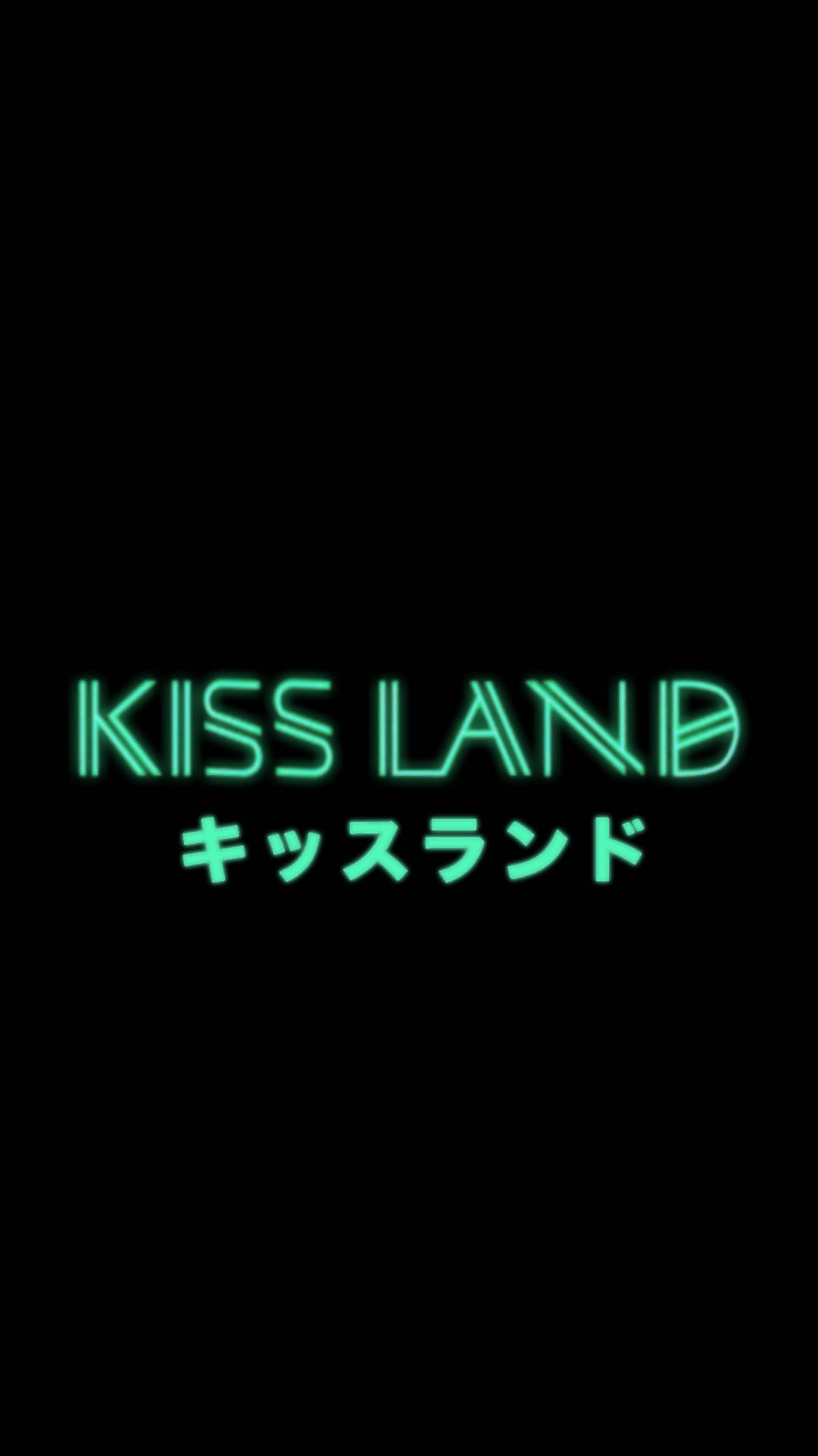 The Weeknd Kiss Land 壁紙 — 大膽發光的綠色霓虹燈文字在純黑色背景上顯示 KISS LAND 和 キッスランド。