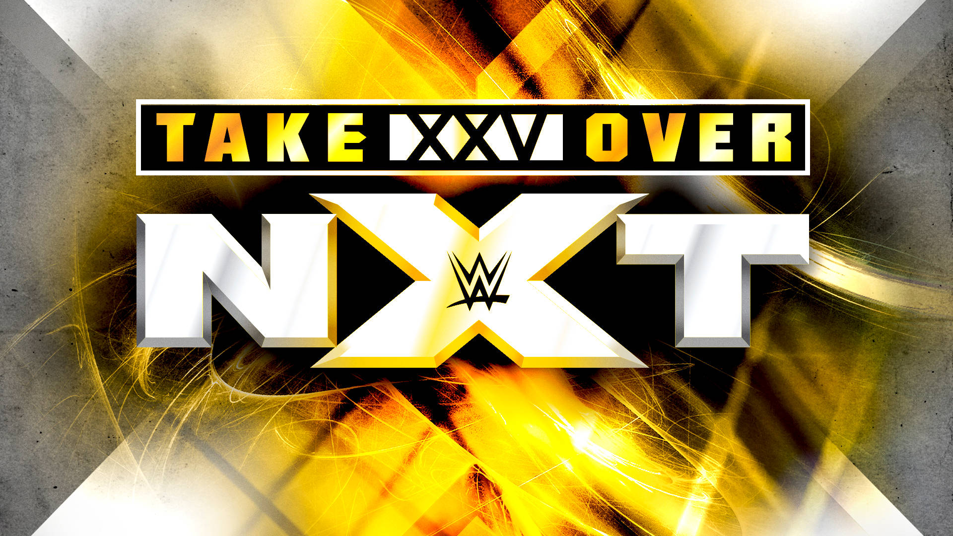 WWE NXT XXV 壁紙 — 大膽的 NXT Takeover XXV 標誌，帶有熾熱的金色和白色能量爆發，背景是粗糙的混凝土。