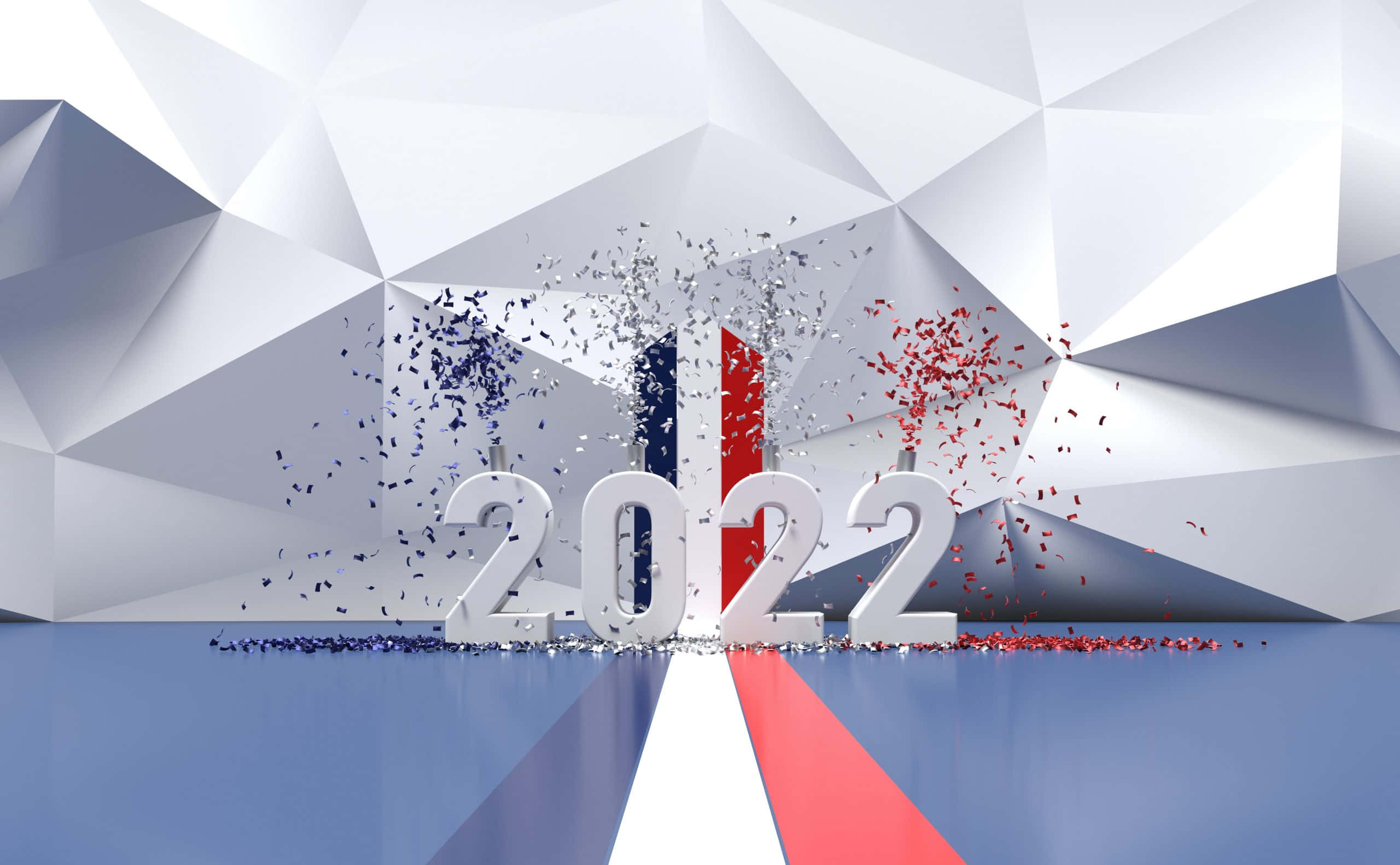 french 桌布 壁紙 — 大膽的3D 2022數字在幾何白色多邊形牆上爆發出藍色、白色和紅色的五彩紙屑。