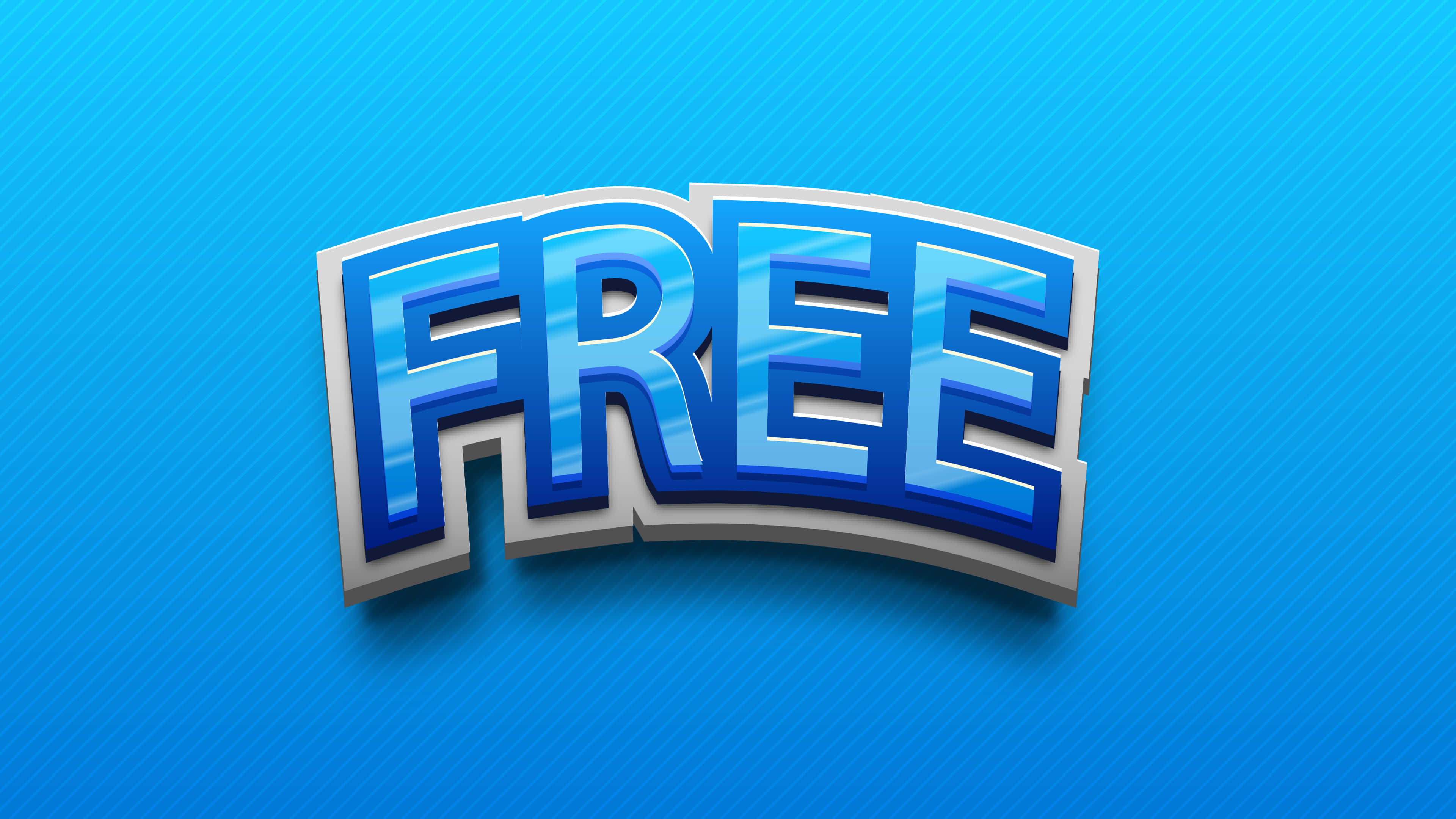 Free 桌布 壁紙 — 大膽的3D字詞free以閃亮藍色字母呈現，在充滿活力的藍色斜紋背景上投下柔和陰影。