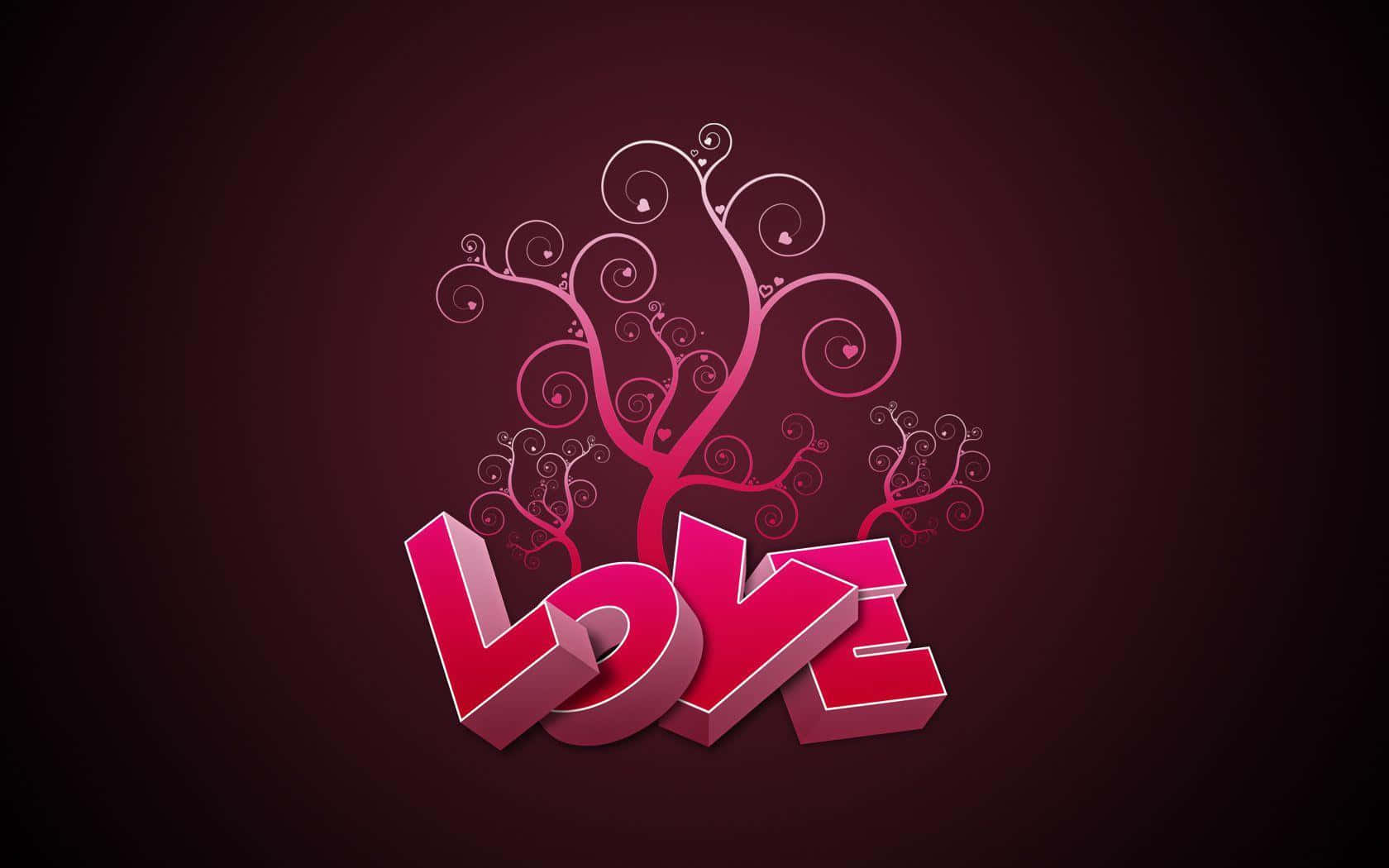 3d Love 桌布 壁紙 — 大膽的3D粉紅色愛情字母在深栗色漸變背景上萌發出旋轉的藤蔓狀枝條和心形。
