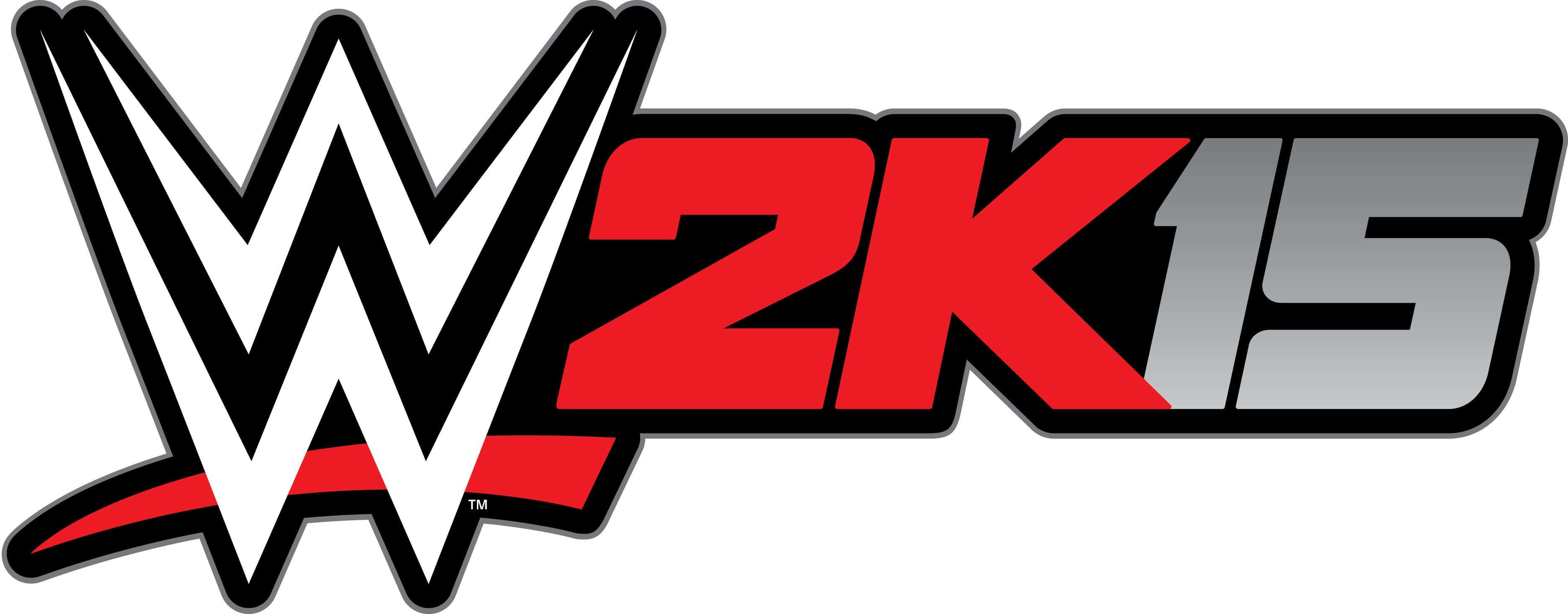 WWE Logo 桌布 壁紙 — 大膽的WWE 2K15標誌，帶有黑色、白色、紅色和銀色的風格化文字，背景為純白色。