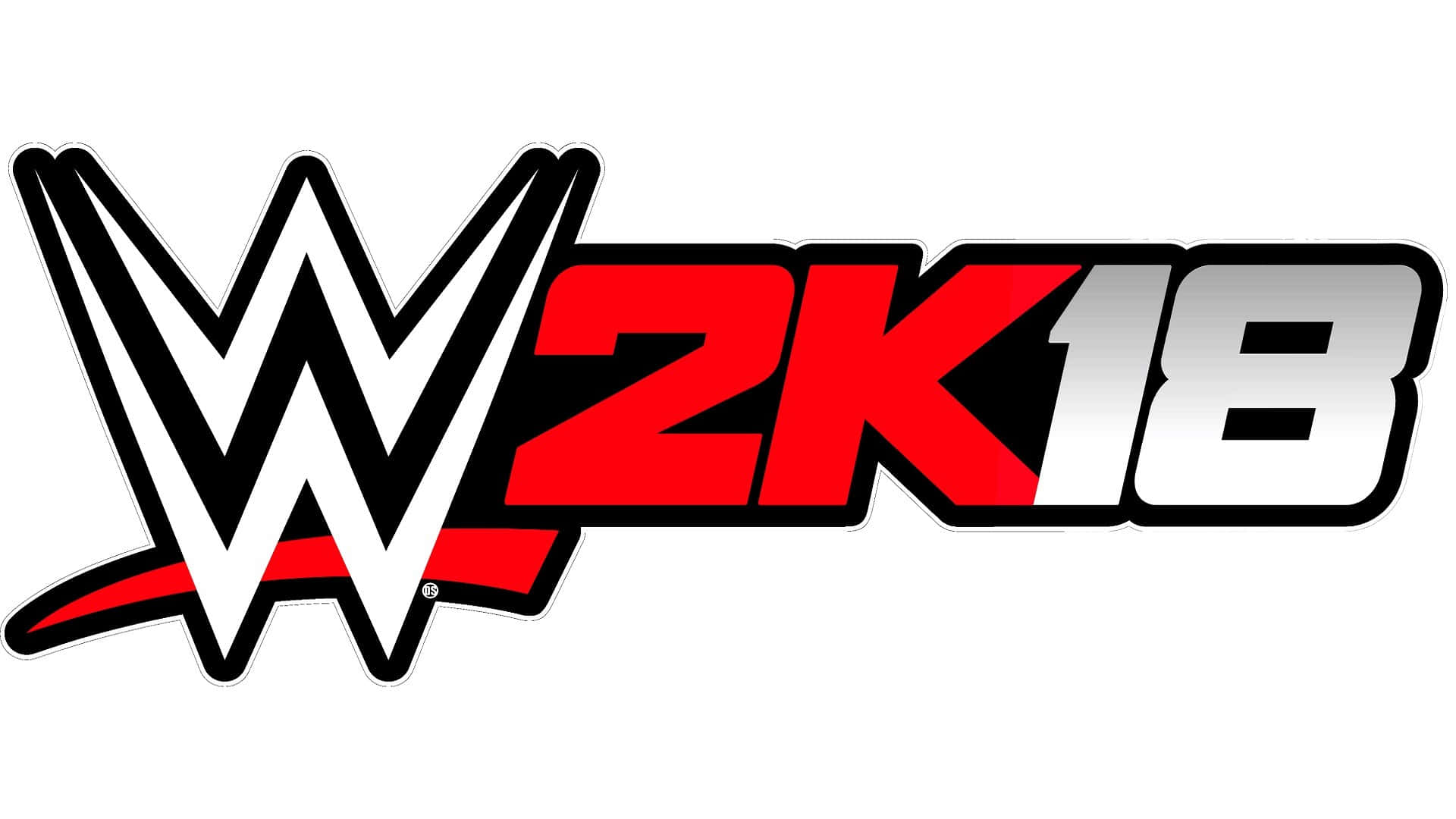 WWE Logo 桌布 壁紙 — 大膽的WWE 2K18標誌，在純白色背景上使用黑色、白色和紅色的風格化文字。